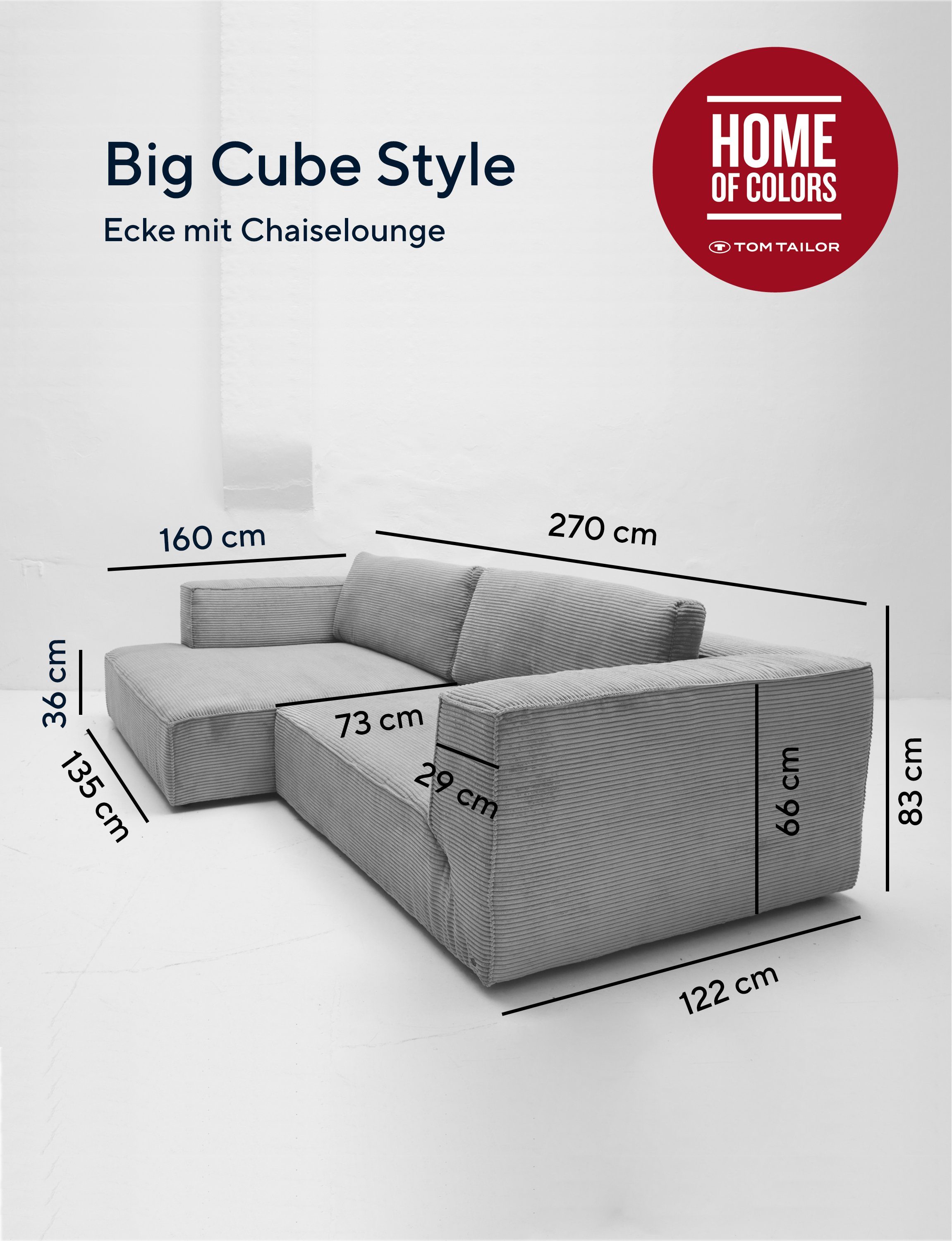 oder cleanen Style Big-Sofa extra Ecksofa Sitztiefe, pool TRI69pool CUBE TOM im cm Breite li, re Cordstoff - TAILOR HOME TRI69 mit Recamiere BIG große Stegkissen, 270