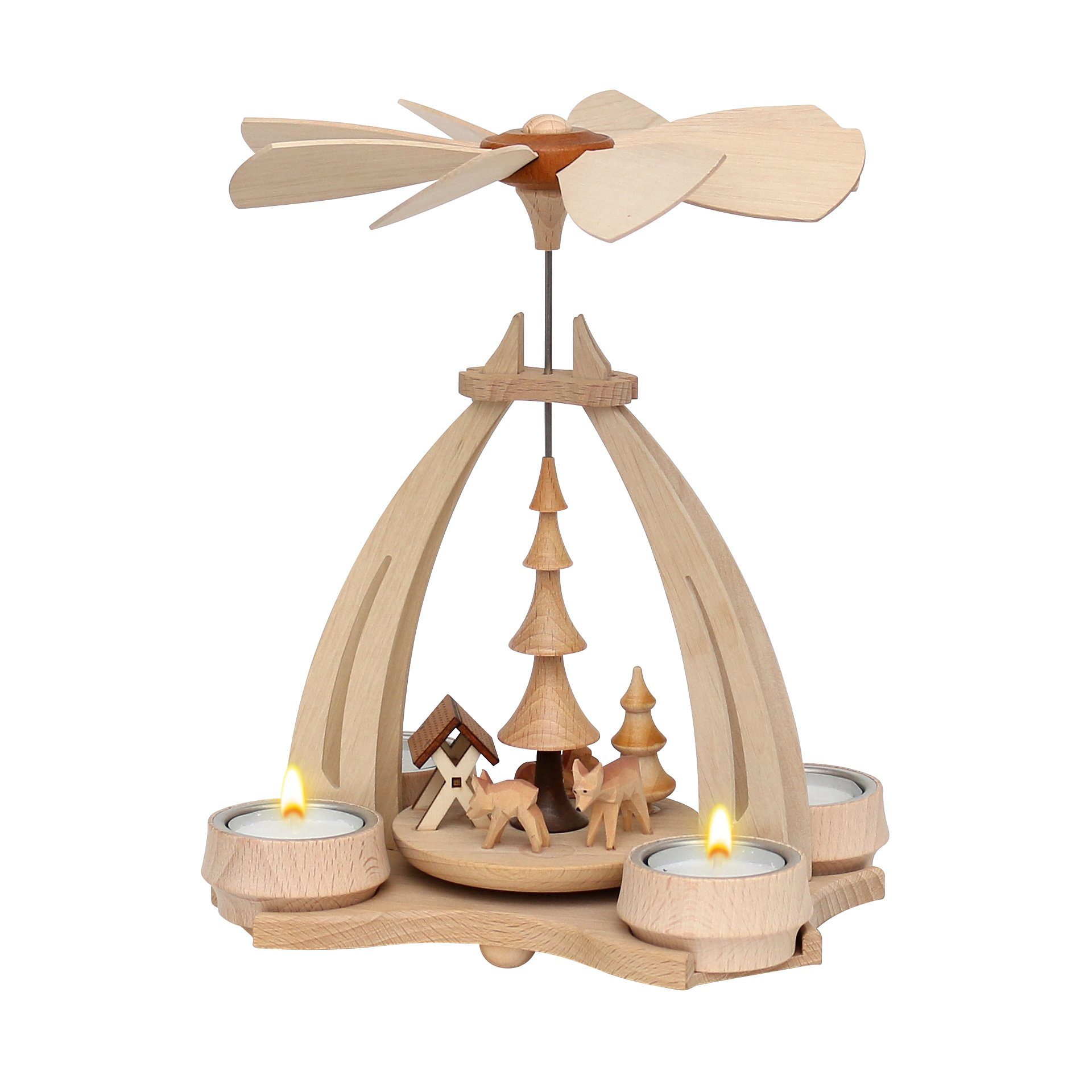 Dekohelden24 Weihnachtspyramide Pyramide aus Buchenholz, Rehe mit Futterkrippe, ca. 24 cm