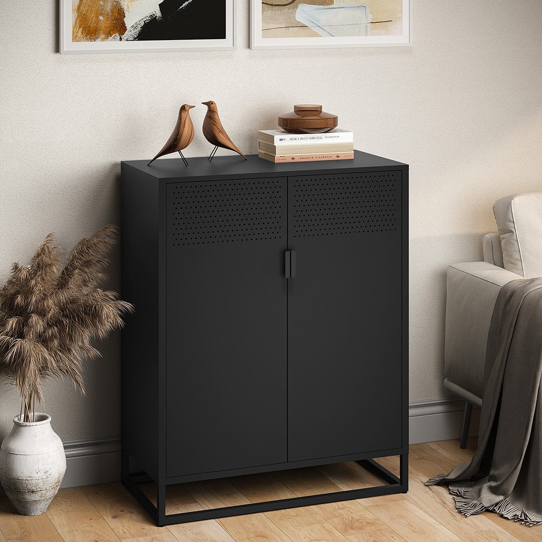 skølm Kommode Izar aus Metall (Schwarz), Highboard mit Doppeltür & höhenverstellbare Einlegeböden