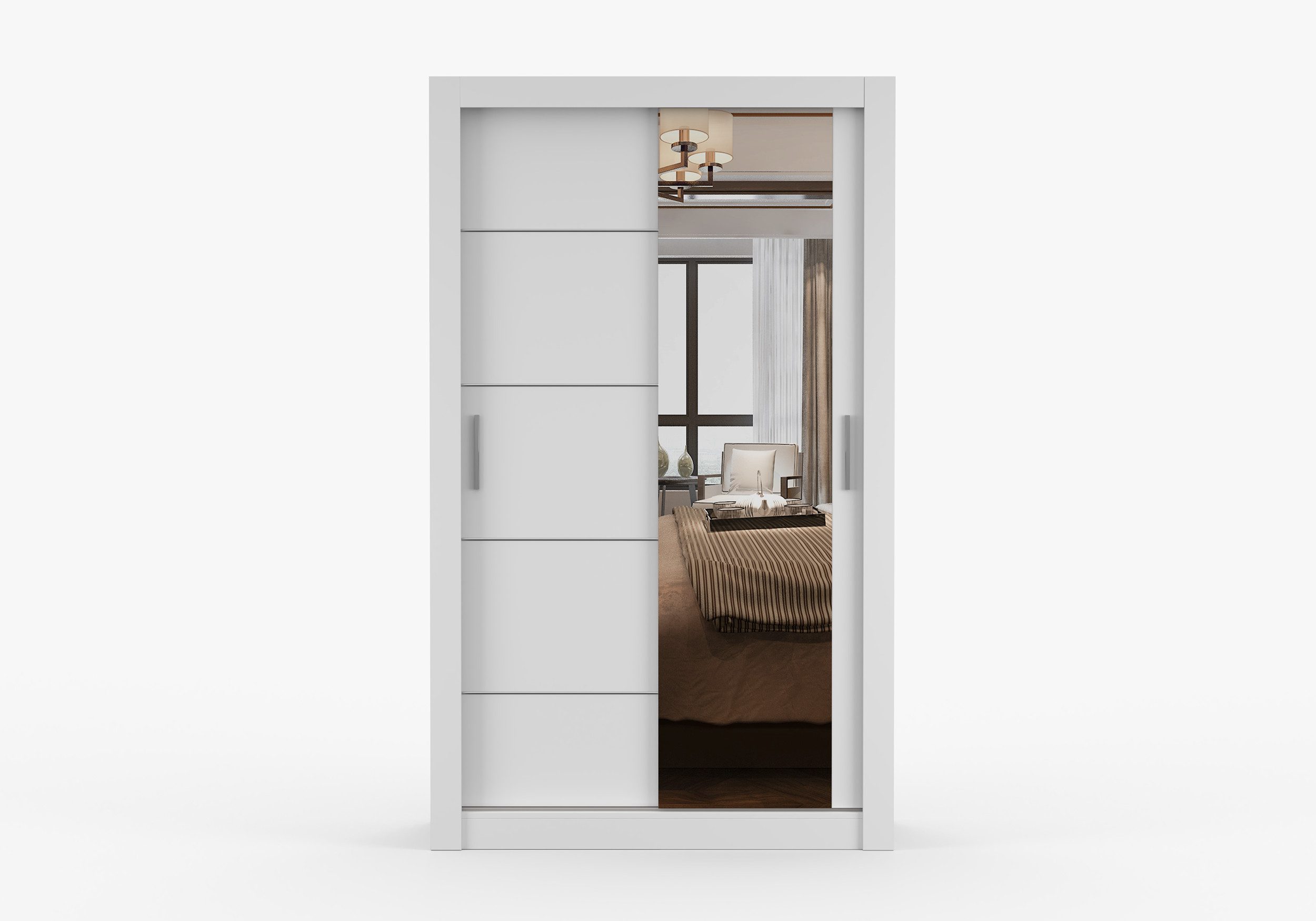 MOEBLO Kleiderschrank ARVIO (moderner Schiebetürenschrank mit Spiegel und viel Stauraum, Schwebetürenschrank 2/3-türig Schrank Garderobe Schiebtüren Schlafzimmer Wohnzimmerschrank mit Spiegel) (BxHxT): 120 / 150 / 180 / 203 / 250 x 215 x 64 cm