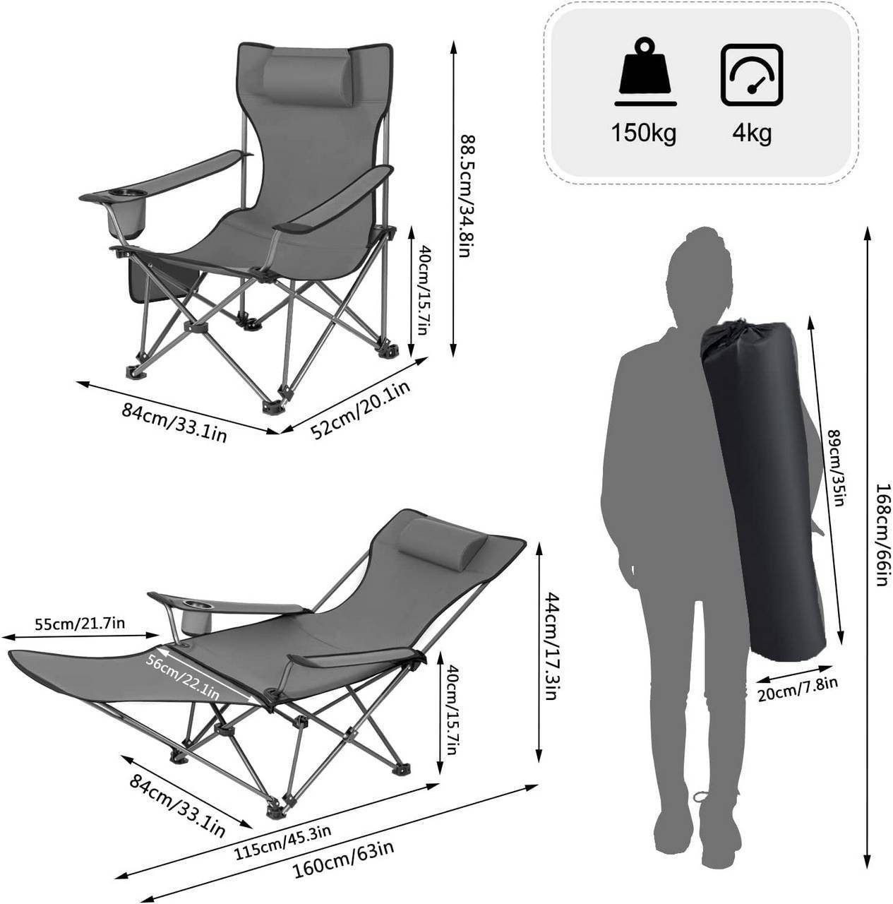 Woltu Campingstuhl (2 St), klappbar für Outdoor mit Armlehnen Getränkehalter