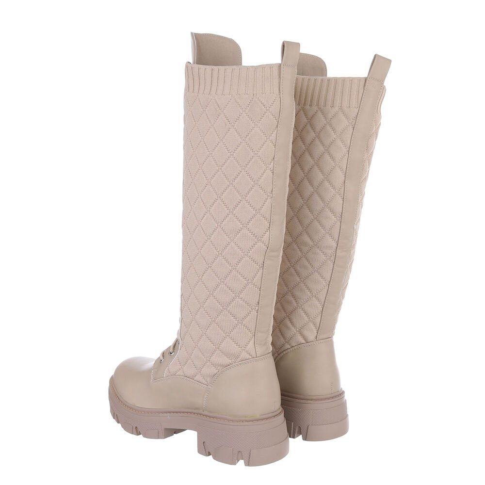 Ital-Design Damen Schnürschuhe Freizeit Plateaustiefel Blockabsatz Schnürstiefel in Beige