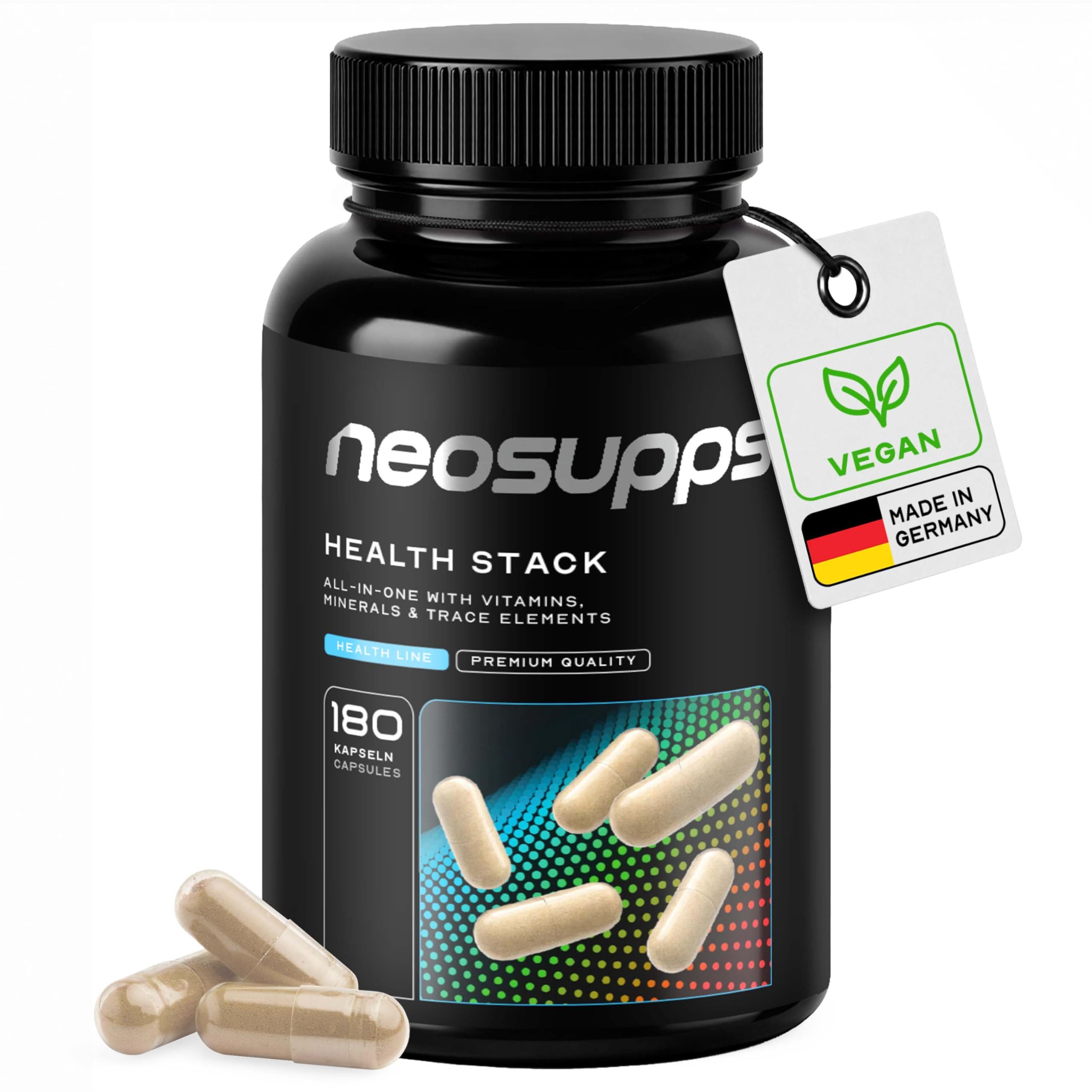 Neosupps Health Stack - All-in-One Nahrungsergänzungsmittel - Made in Germany Kapseln, Vitaminen, Mineralstoffen & Spurenelementen, Made in Germany