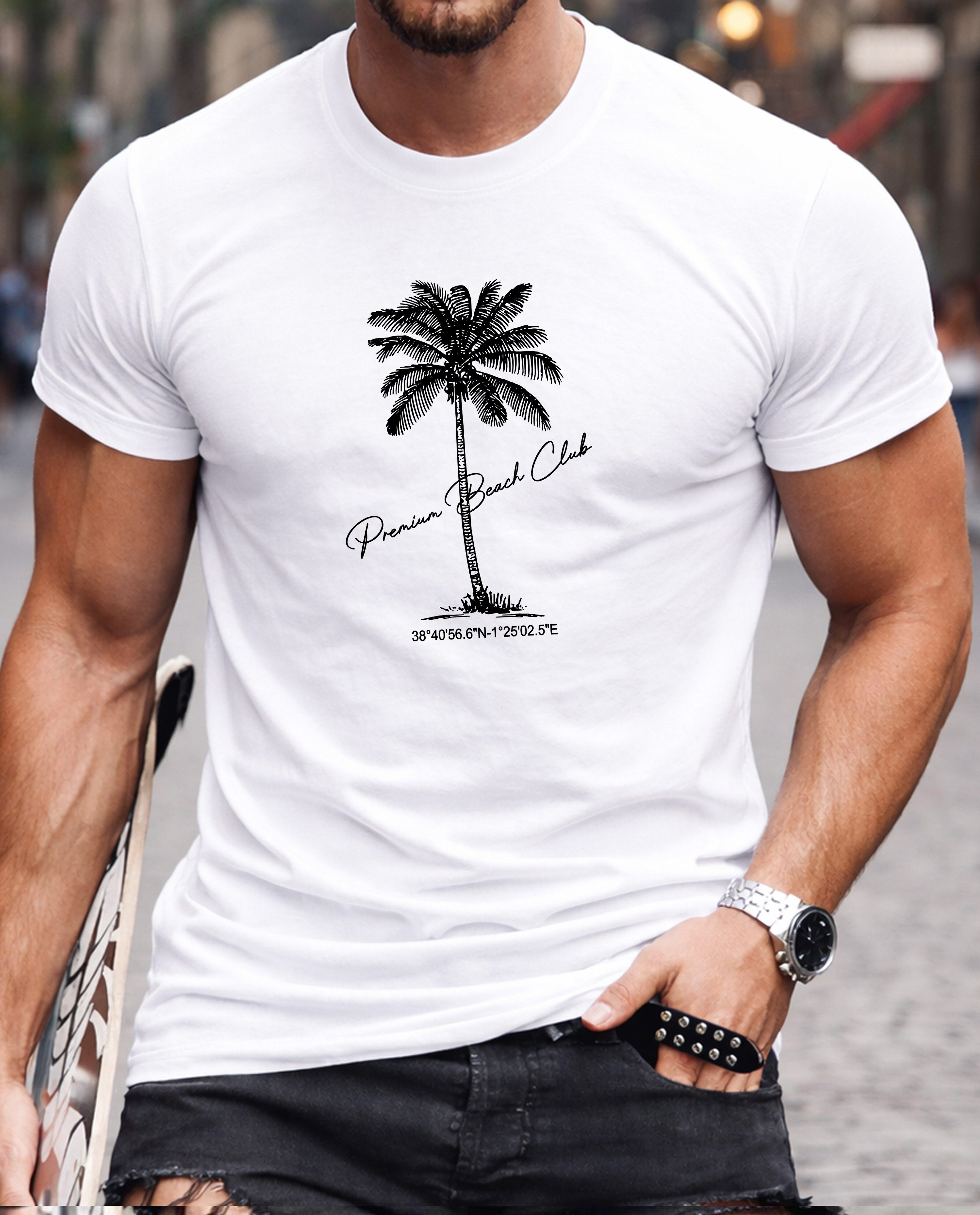 RMK T-Shirt Herren Shirt Basic Rundhals Palme Urlaub aus 100% Baumwolle
