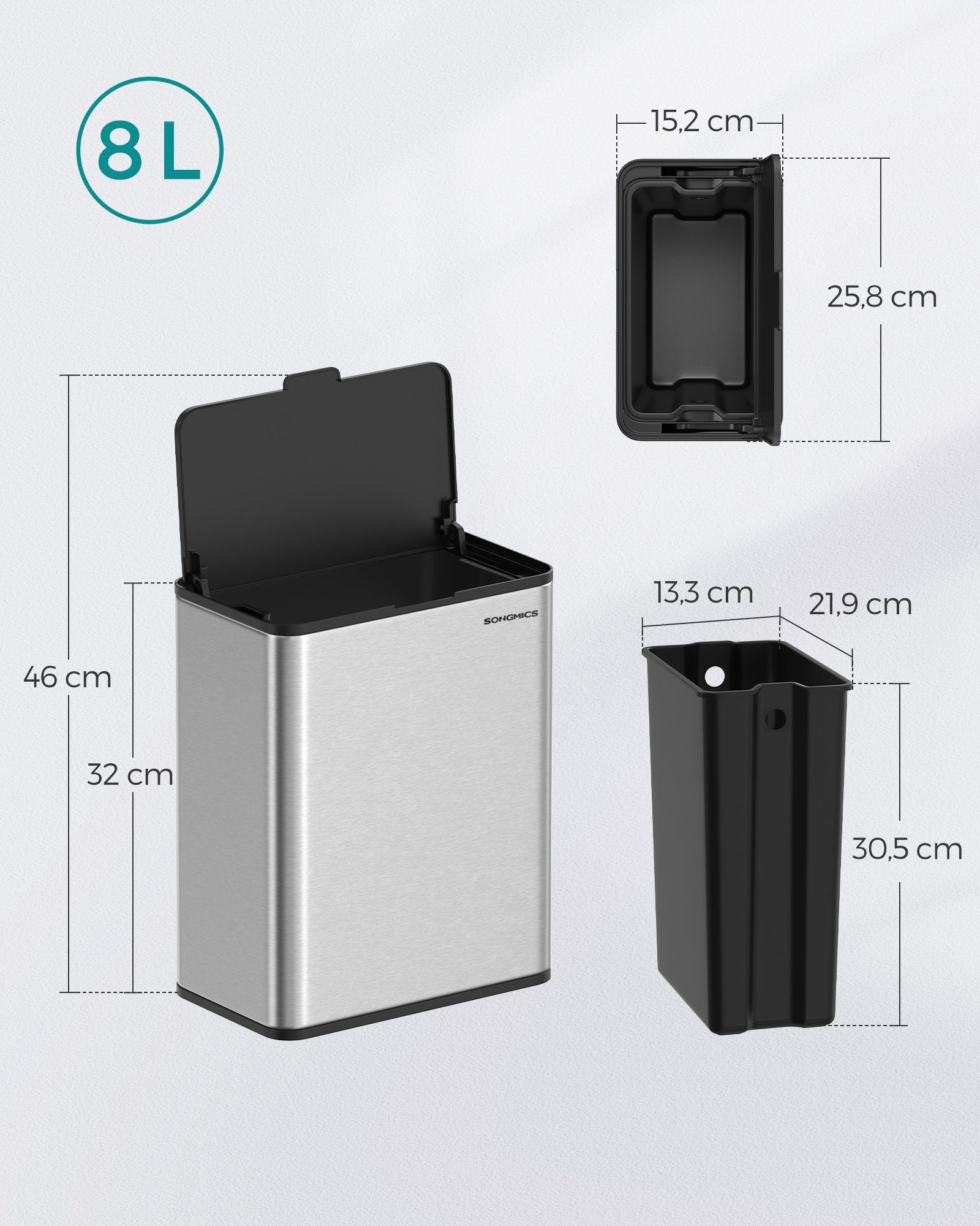 SONGMICS Mülleimer, 8L Komposteimer Küche, Stahl-Abfalleimer, Biomülleimer