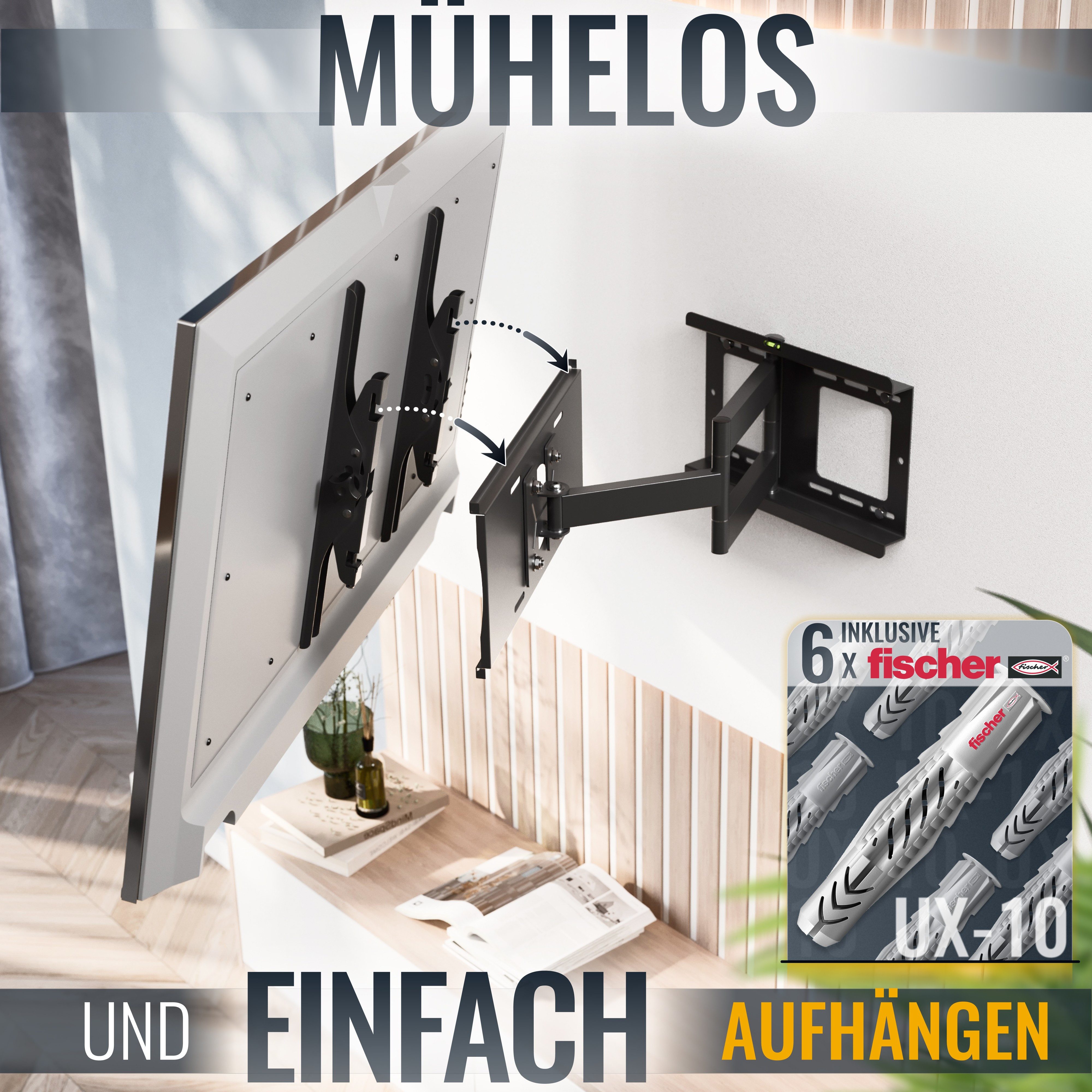 RICOO TV-Wandhalterung TV Wandhalter 47" 50" 55" 65" 75" max 95 Kg schwenkbar R23-F, (bis 75 Zoll, VESA 200x200 bis 400x400, 1-tlg., inkl. FISCHER® Dübel vollbeweglich ausziehbar 40 Zoll bis 75 Zoll, bis 15° Neigung, bis zu 180° Schwenkung, Fernseher Halter universal)
