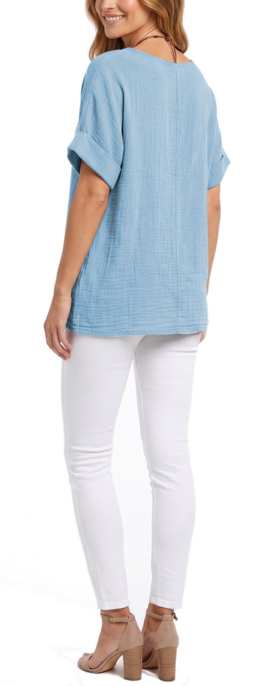 dy_mode Kurzarmbluse Damen Kurzarm Bluse Leichte Sommer Tunika Baumwollbluse Oberteil in Unifarbe, mit passende Kette