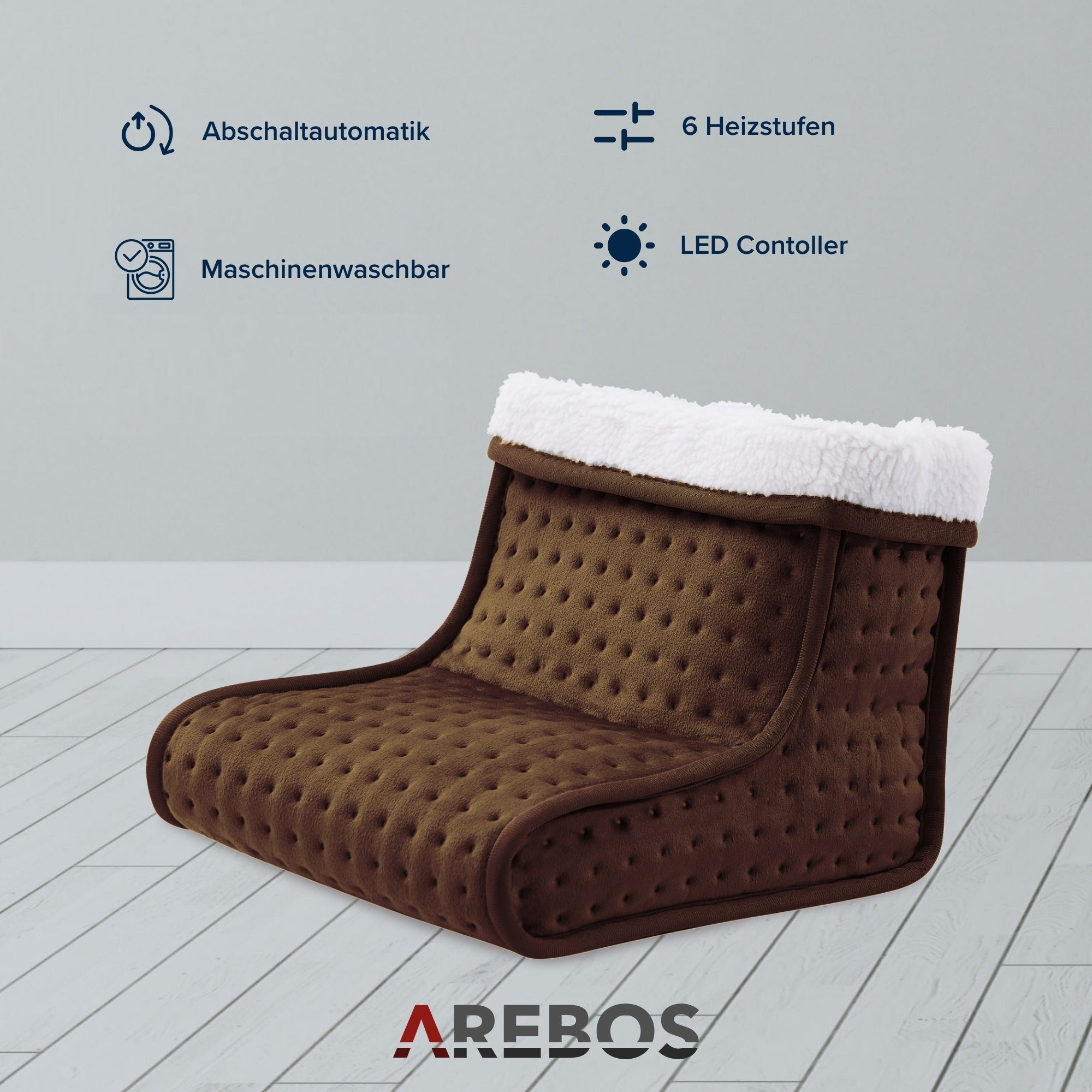 Arebos Elektrofußwärmer Fußheizung für Zuhause, Warme Füße, Waschbar, Braun, Anthrazit, TÜV Süd - GS geprüfte Sicherheit