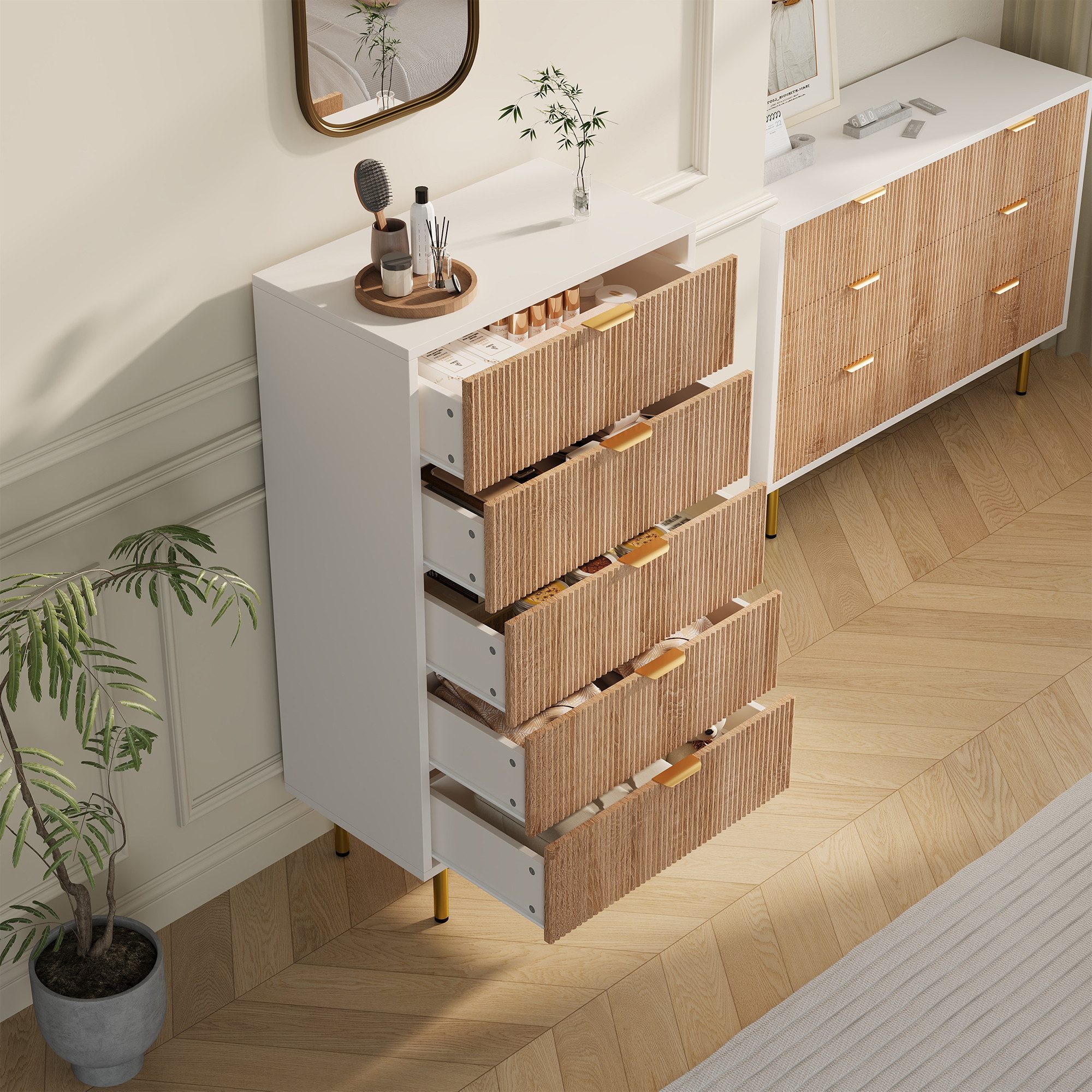 zebery Kommode Sideboard aus Holz, Metallbeine (Set, 1 St., Modern Highboard mit 5 Stauraum Schubladen, Metallgriff), Schmal Kommode Buffet für Schlafzimmer, Wohnzimmer, Flur
