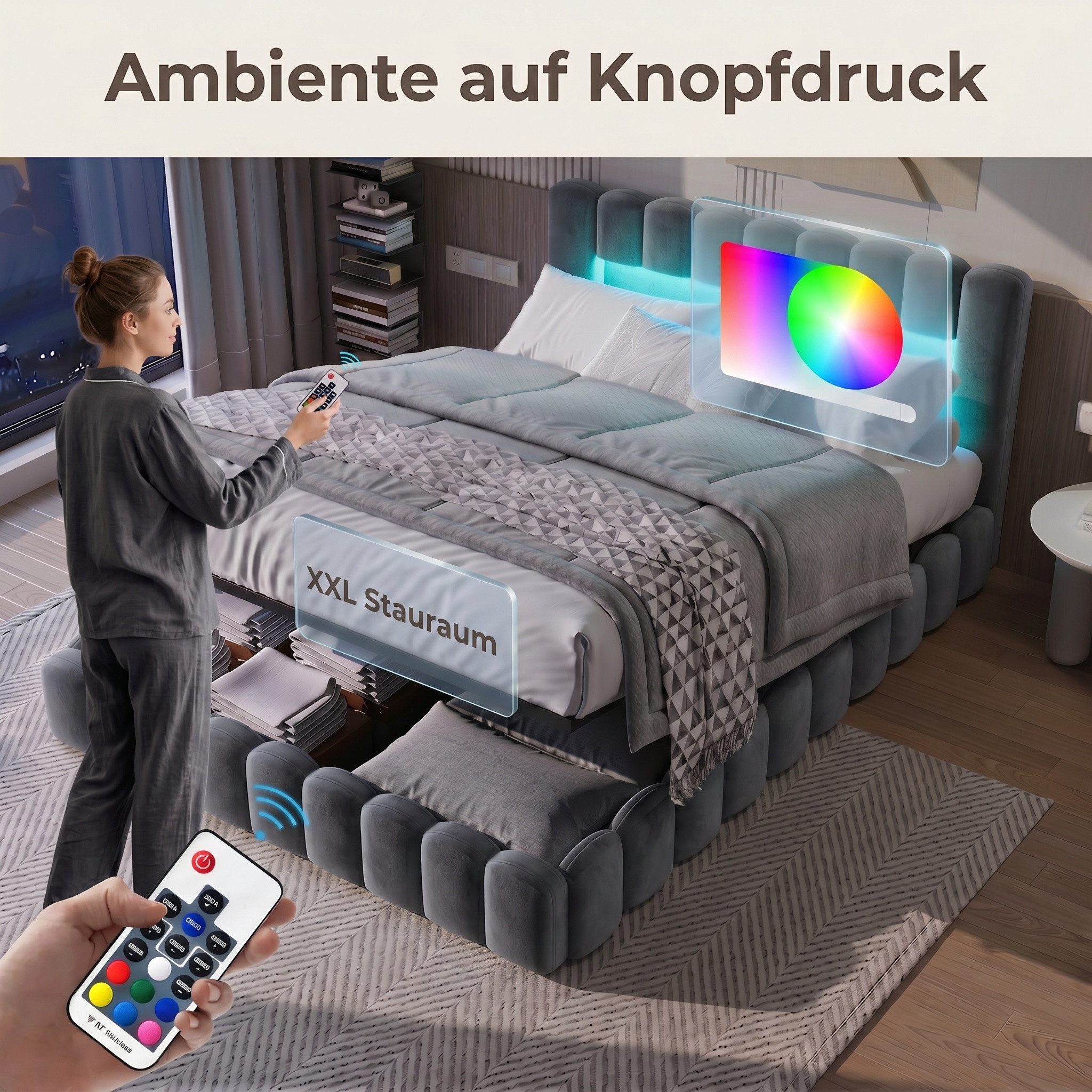 PXloue Polsterbett Doppelbett Jugendbett (ohne Matratze), Stauraumbett, Bettkasten, LED-Beleuchtung, USB-Anschluss, 180x200 cm – Bild 2 von 5