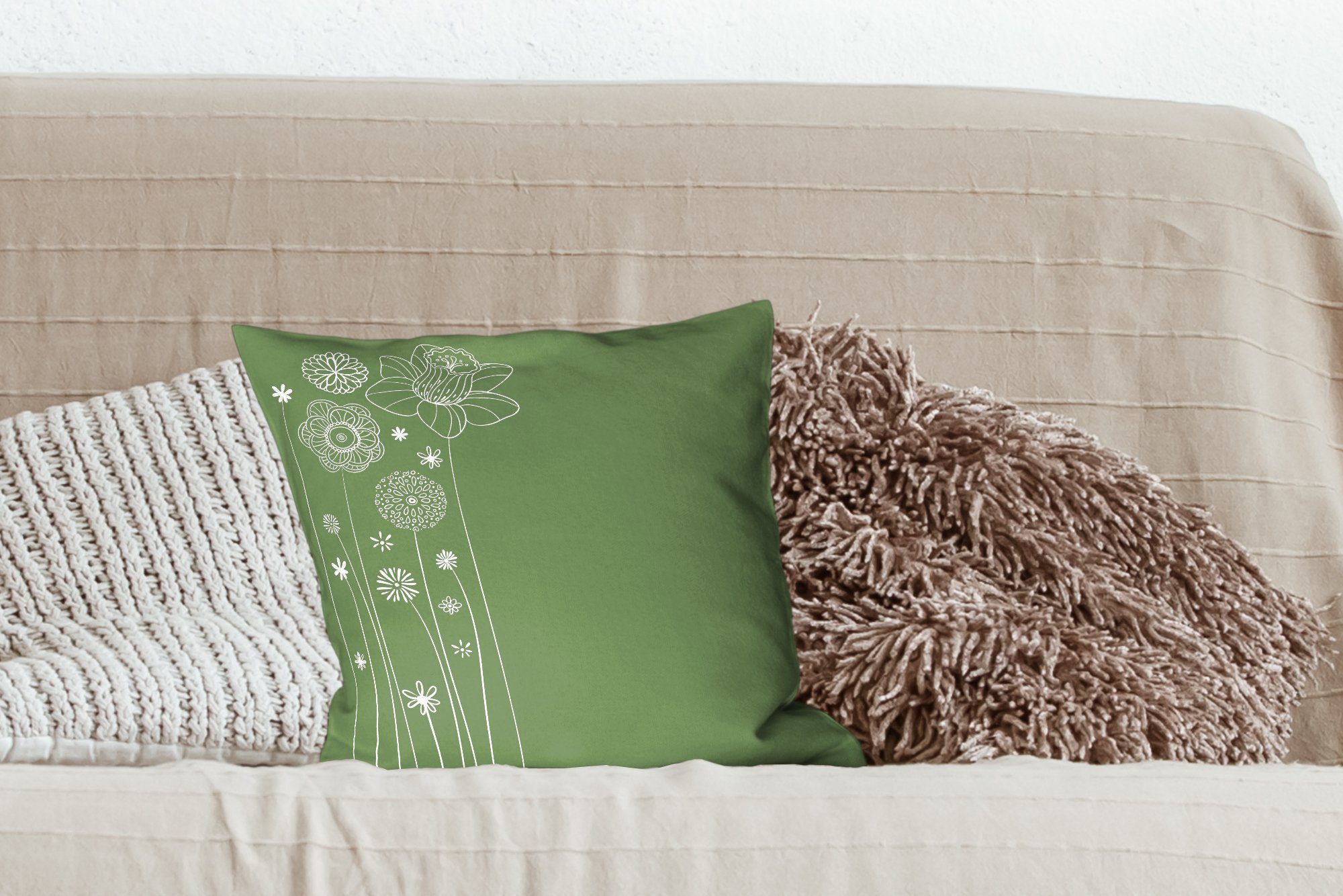 Sofakissen MuchoWow mit Deko, eines Dekokissen in Zierkissen Illustration Grün, für Schlafzimmer, Wohzimmer, Füllung Blumenmusters