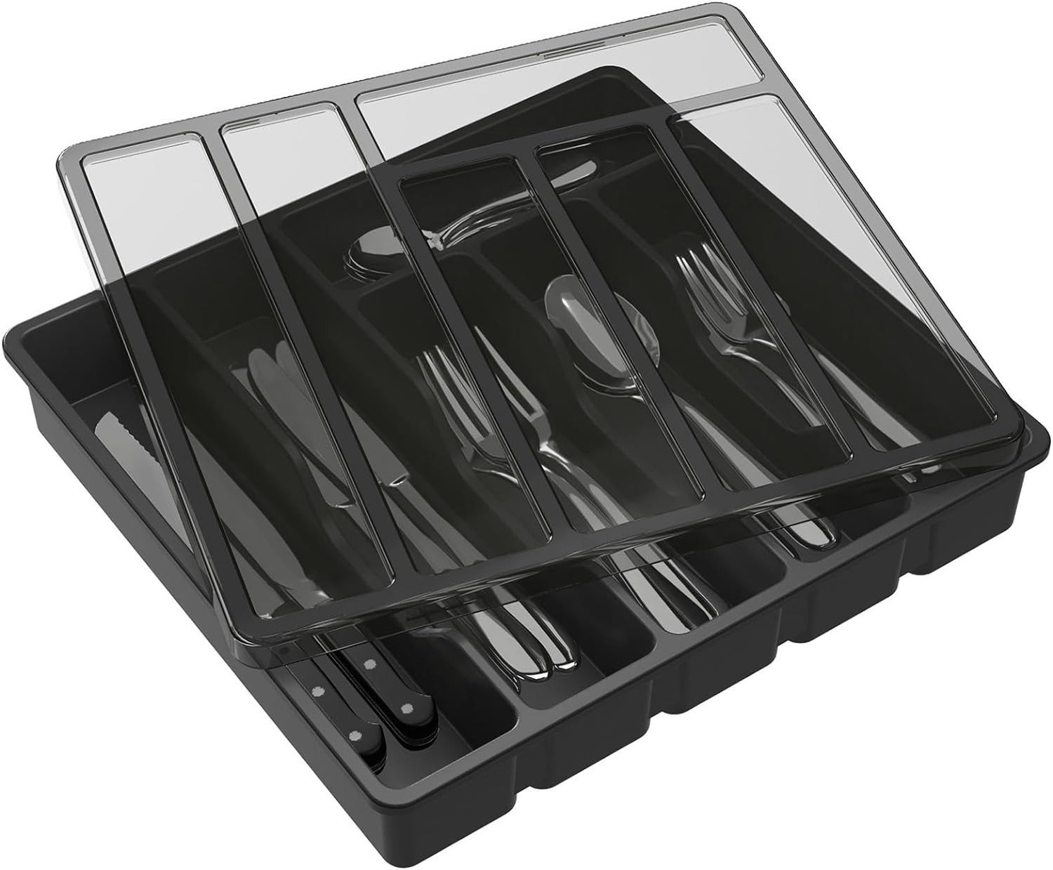 PFCTART Besteckkasten Schwarz Besteckkasten mit Deckel 6 Fächer (Besteckkasten für Schubladen aus Kunststoff für Löffel, Gabeln), Besteckaufbewahrung für Küchenschublade und Arbeitsplatte