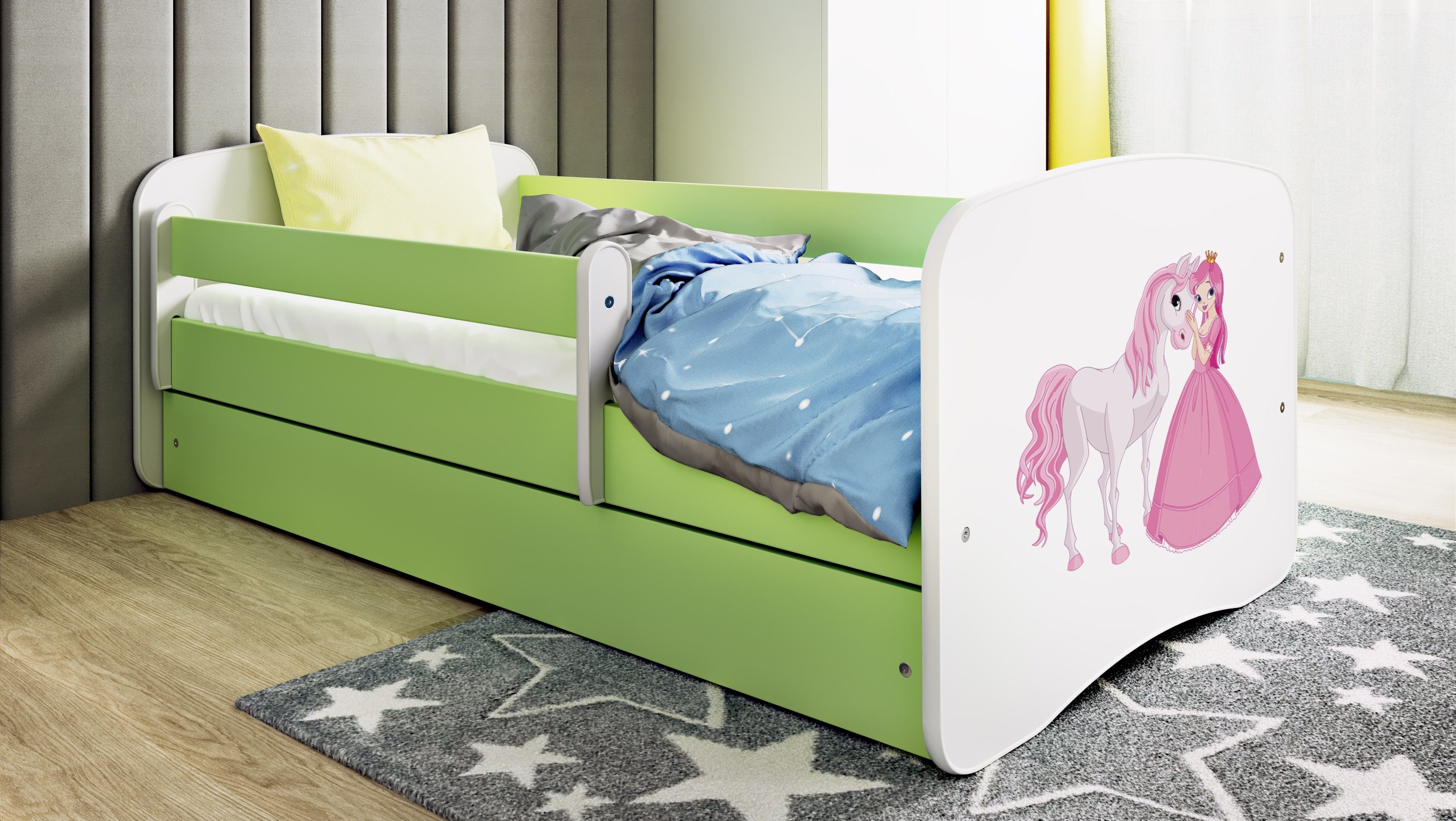 Raumhirsch Furniture Kinderbett 70x140, 80x160, 80x180 cm - Komplettset mit Schublade (Bett für Mädchen, Einzelbett Kinder 2–12, mit Rausfallschutz & Lattenrost), verschiedene Farben & Designs