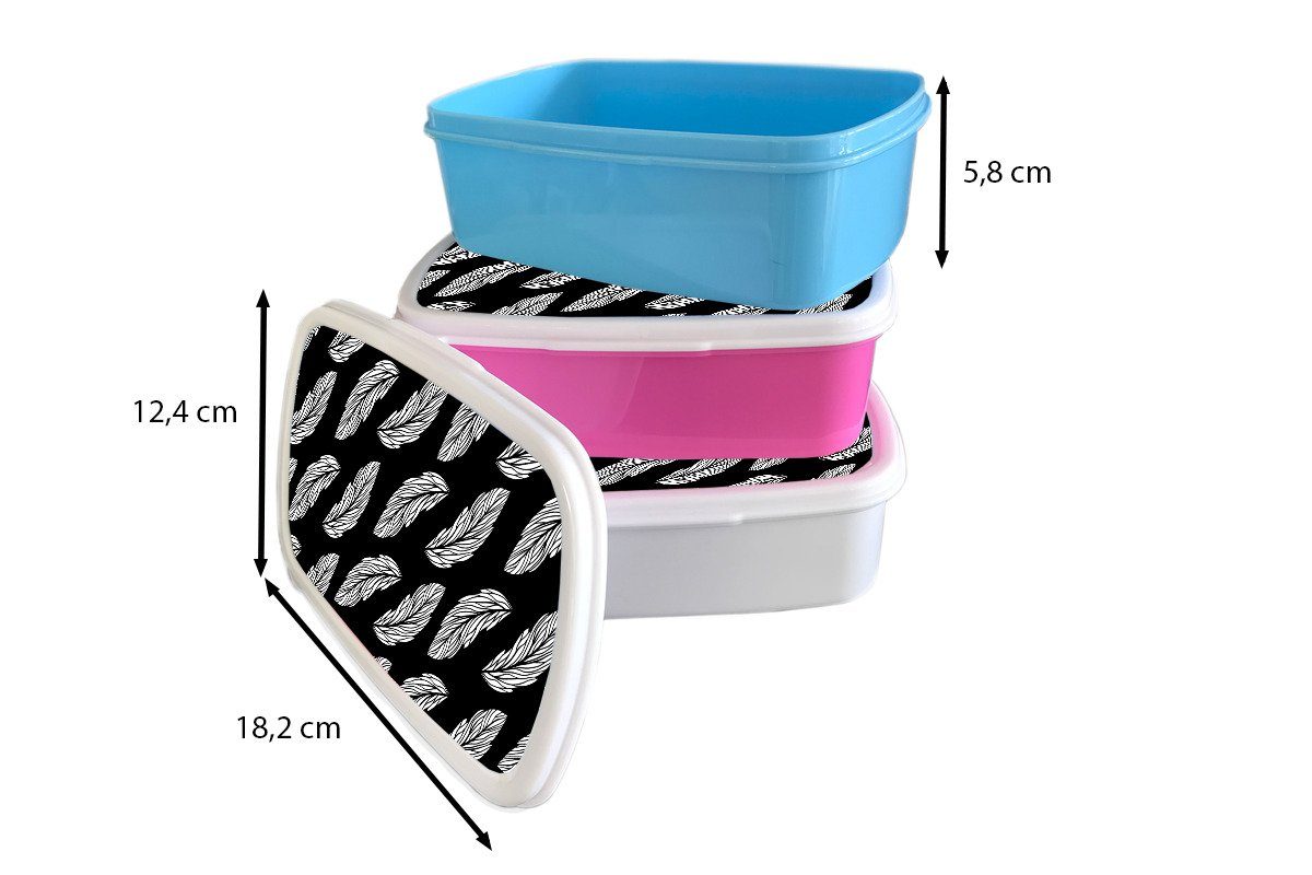 MuchoWow Lunchbox (2-tlg), Kunststoff Kinder, Mädchen, - rosa Brotdose für Schwarz - Snackbox, Federn Brotbox Erwachsene, und Muster Weiß, Kunststoff
