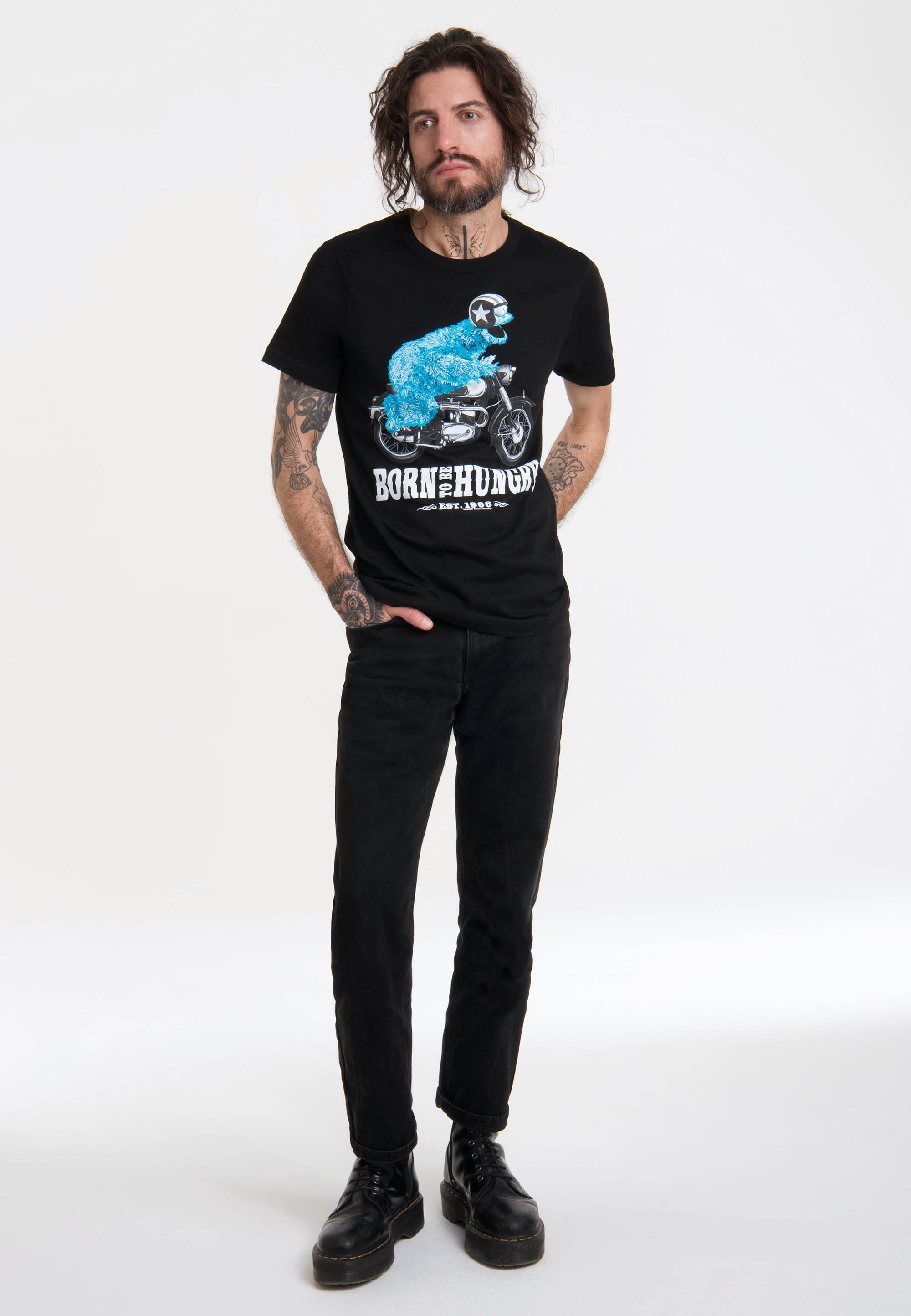 LOGOSHIRT T-Shirt Sesamstraße - lizenziertem mit schwarz Krümelmonster Print Motorrad