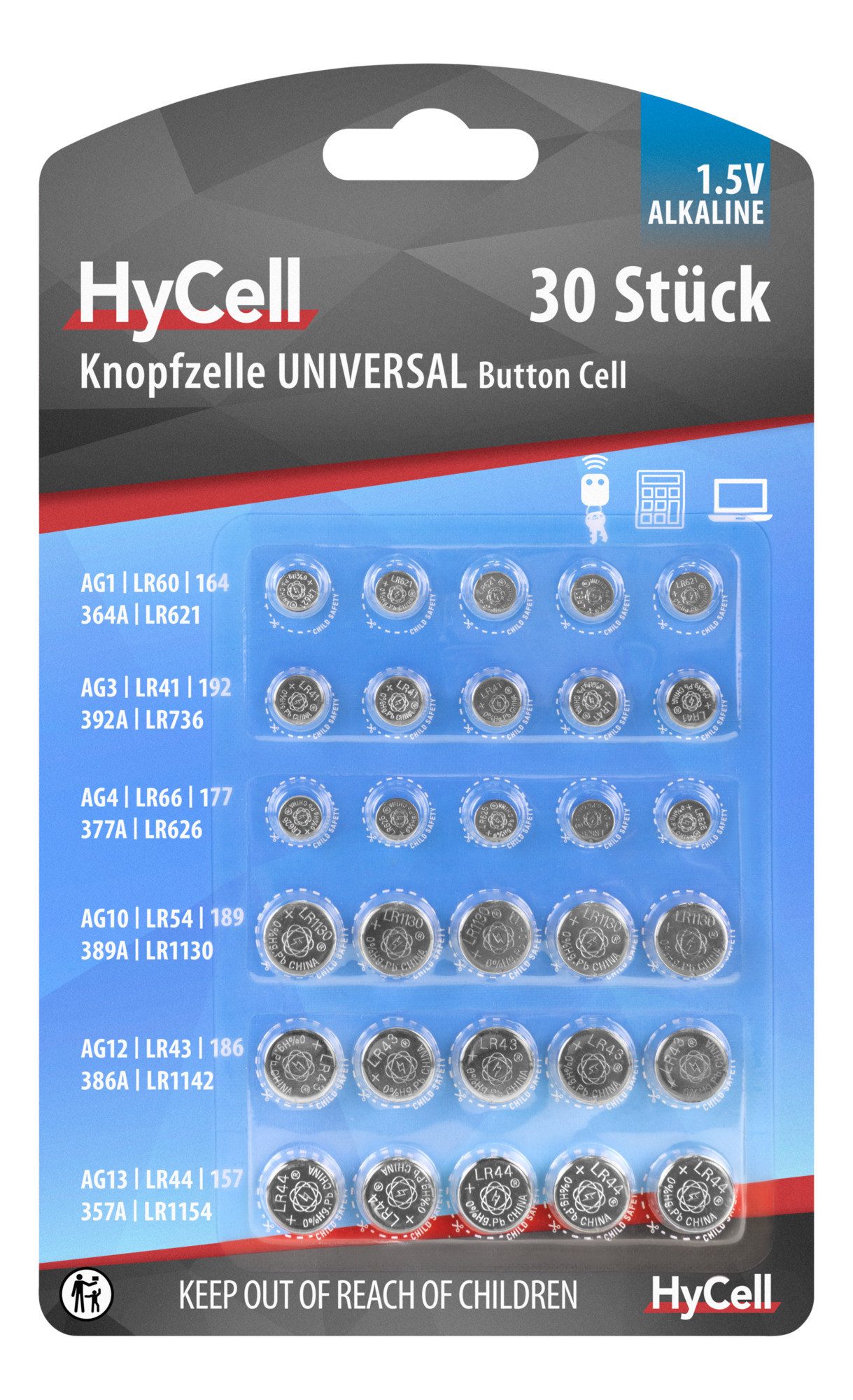 HyCell Alkaline Knopfzellen Set AG1, AG3, AG4, AG10, AG12, AG13, 30 Stück Knopfzelle
