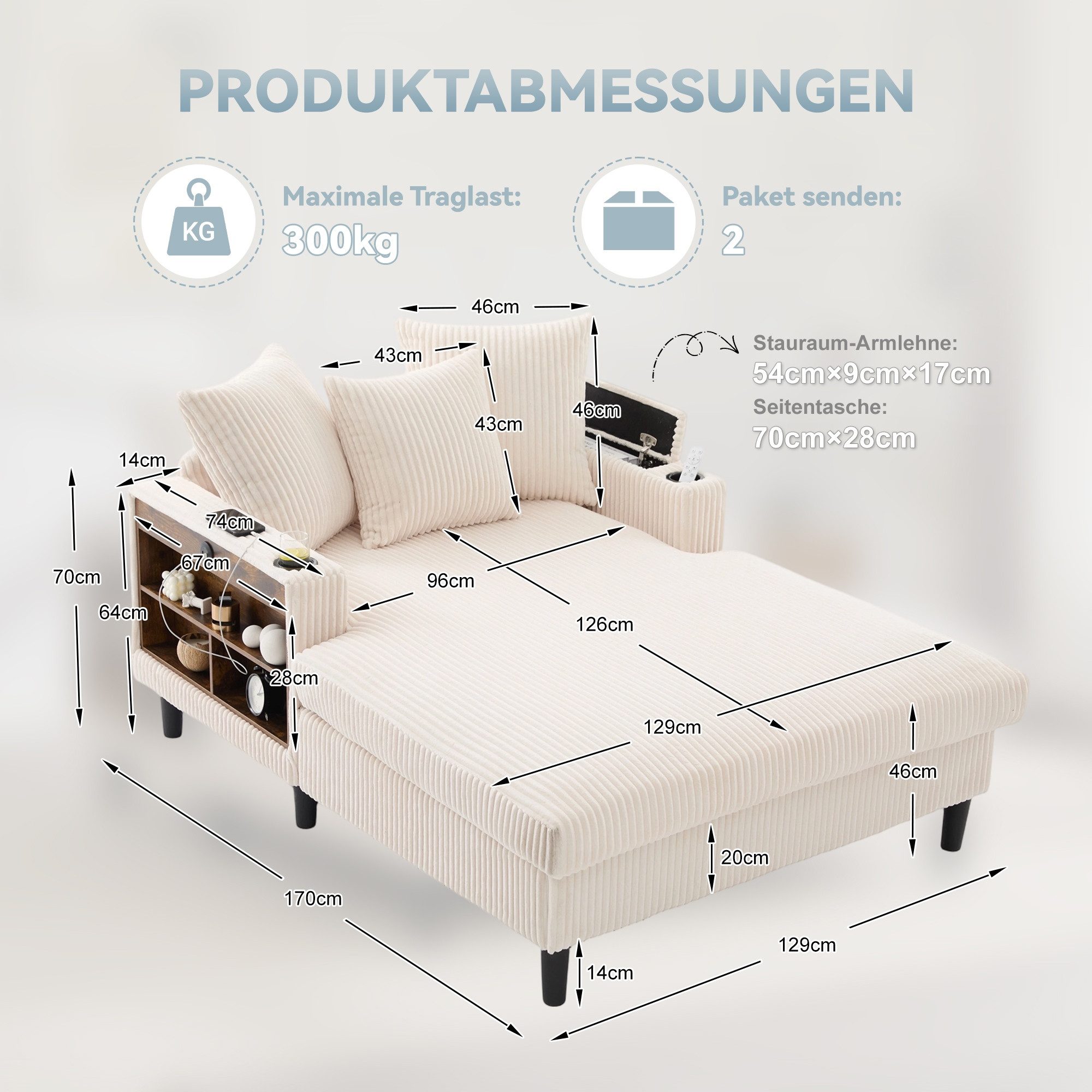 LVHOM Polsterliege XXL Relaxsessel mit LED-Licht & Ladestation - Haustierfreundlich (3 abnehmbare Kissen, große Seitentaschen, USB/Typ-C-Ladeanschlüssen, Getränkehalter, Großer Chaiselongue-Sessel, Ottomane in kratzfestem Cordstoff), Ergonomische Polsterung für Wohnzimmer, Büro oder Wintergarten
