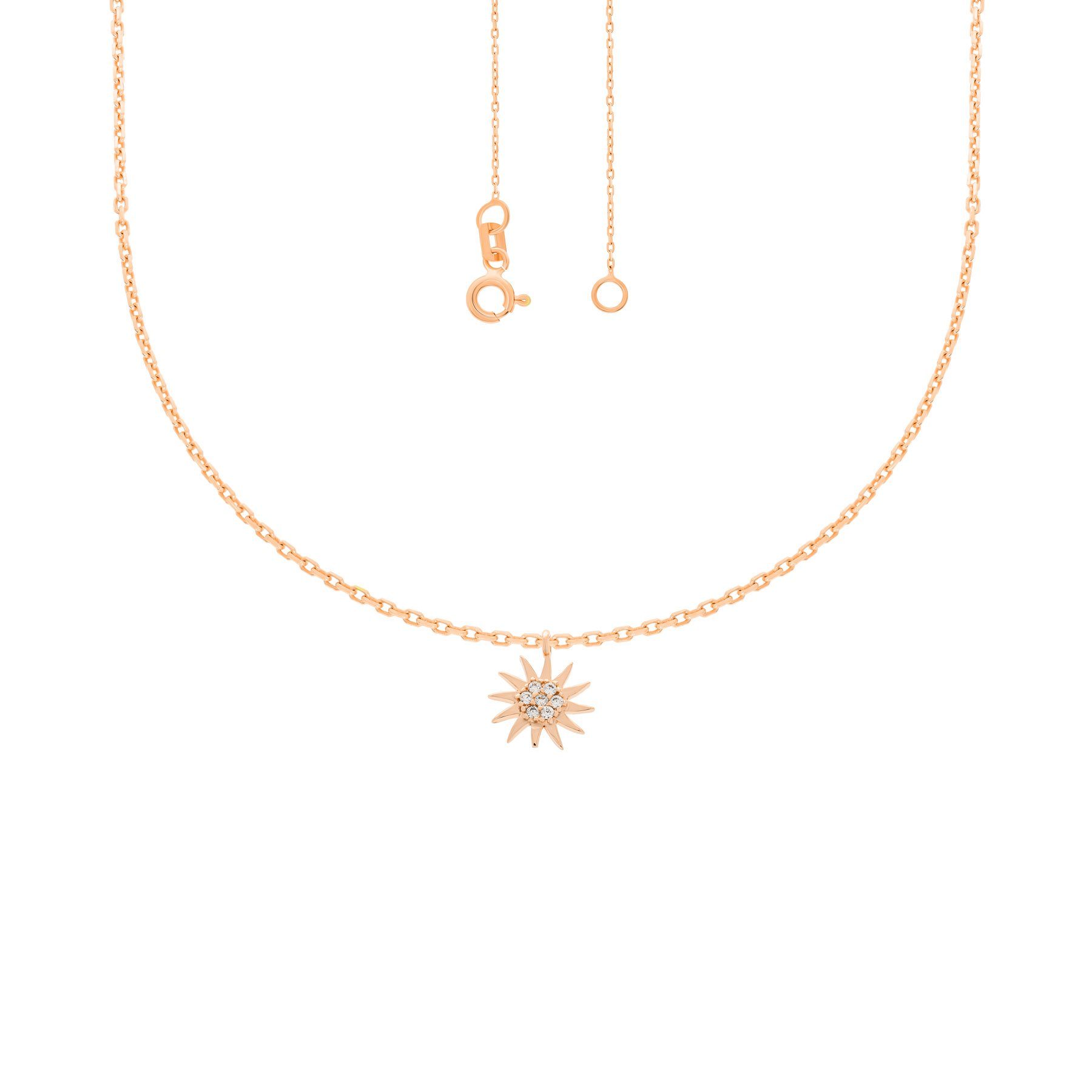 Collier 585er Rotgold Collierkette Sonne Anhänger Zirkonia