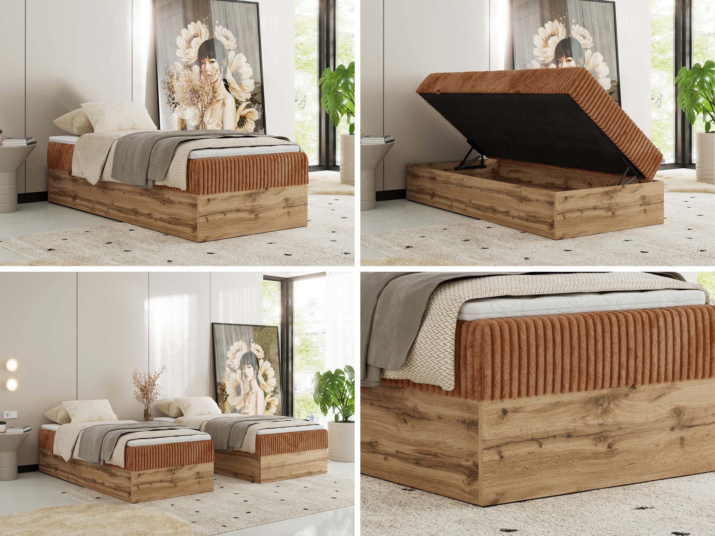 MKS MÖBEL Boxspringbett WOOD ZERO 90 (Set, Bett, Hotelbett, ohne Kopfteil, Topper T25 oder Visco), Polsterbett, Bettkasten, Öffnung, Härtegrad H3/H4