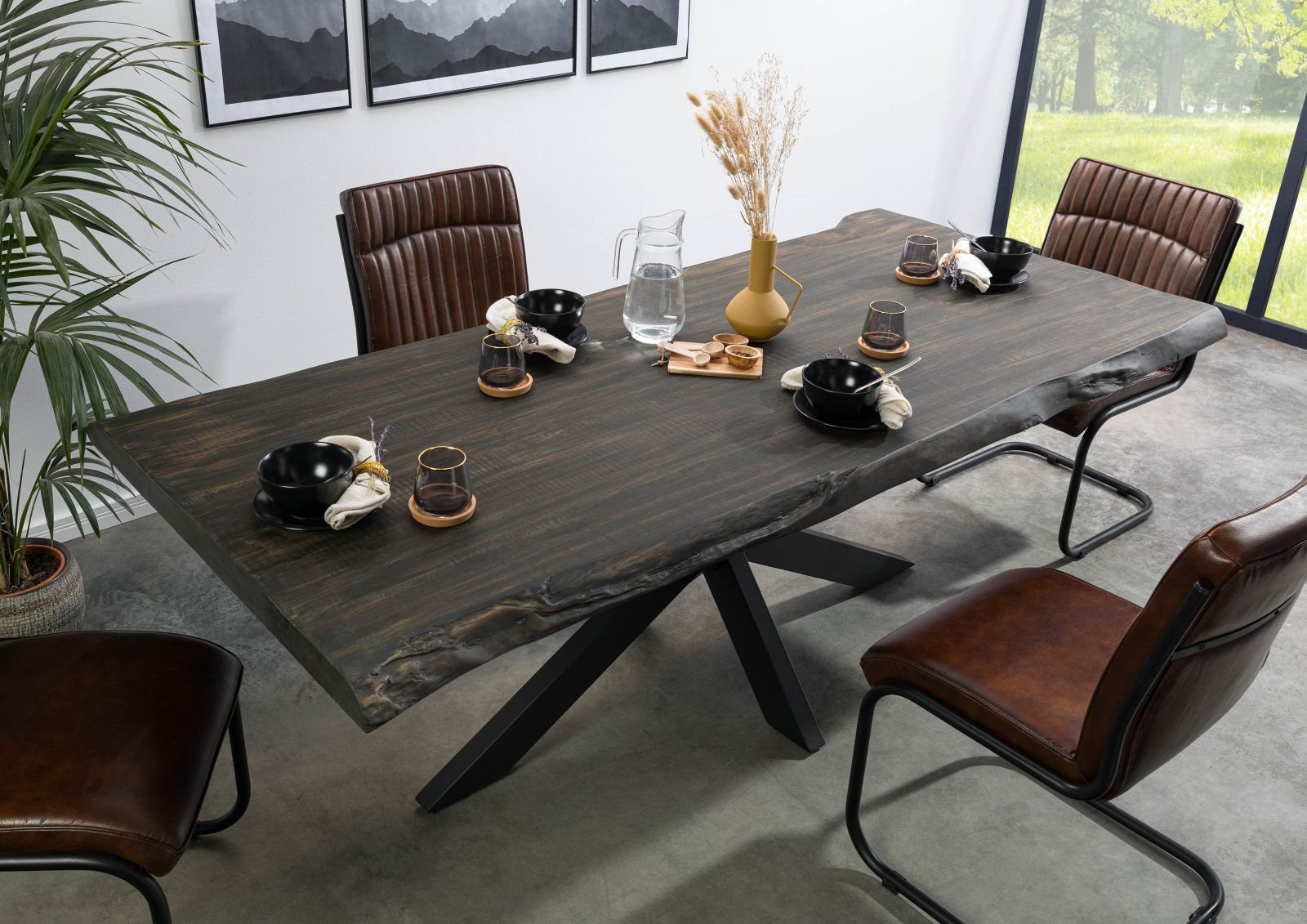 Massivmoebel24 Baumkantentisch FREEFORM (180x90x77 Mango, Esstisch Küchentisch aus Echtholz massiv), Echte Baumkante, Natürliche Risse und Unebenheiten