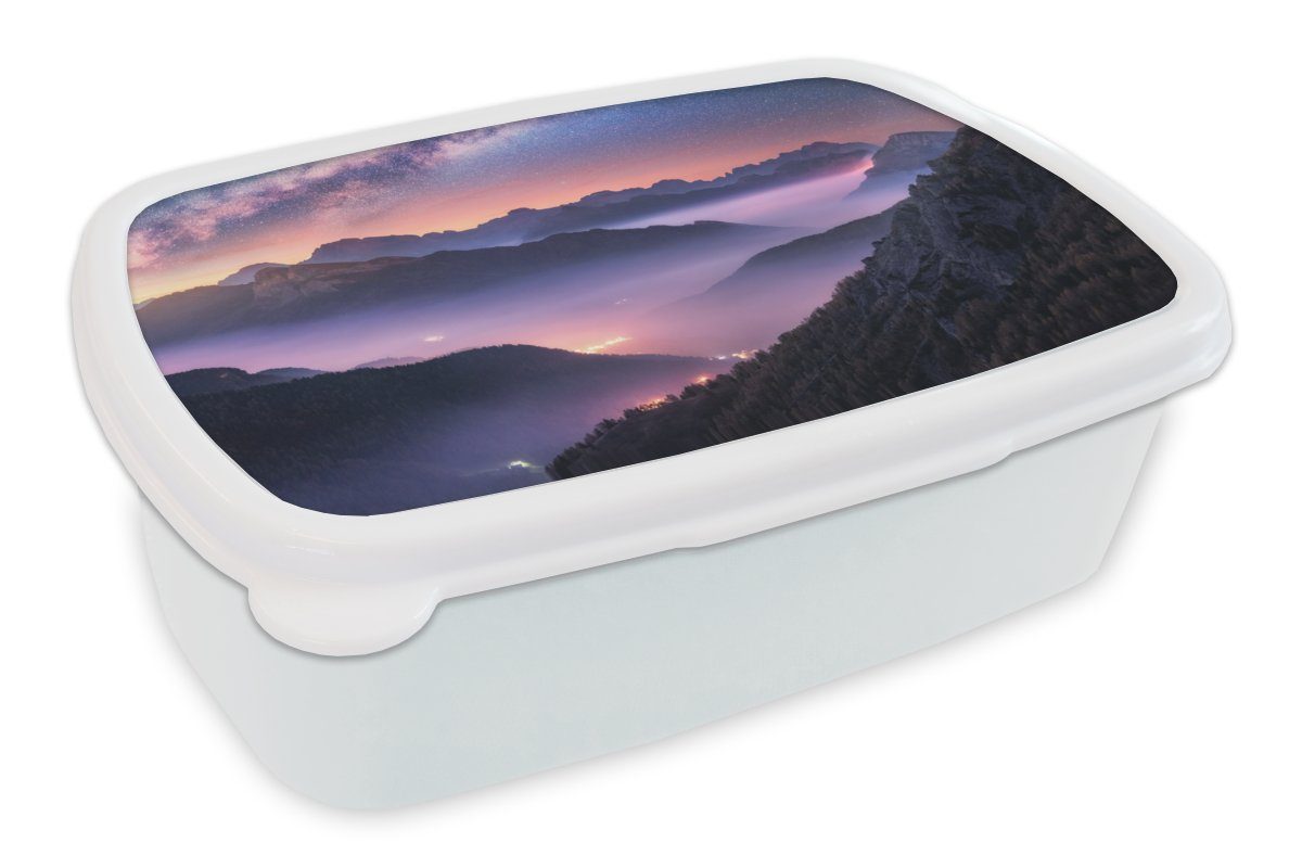 MuchoWow Lunchbox Berge - Sternenhimmel - Nebel, Kunststoff, (2-tlg), Brotbox für Kinder und Erwachsene, Brotdose, für Jungs und Mädchen weiß