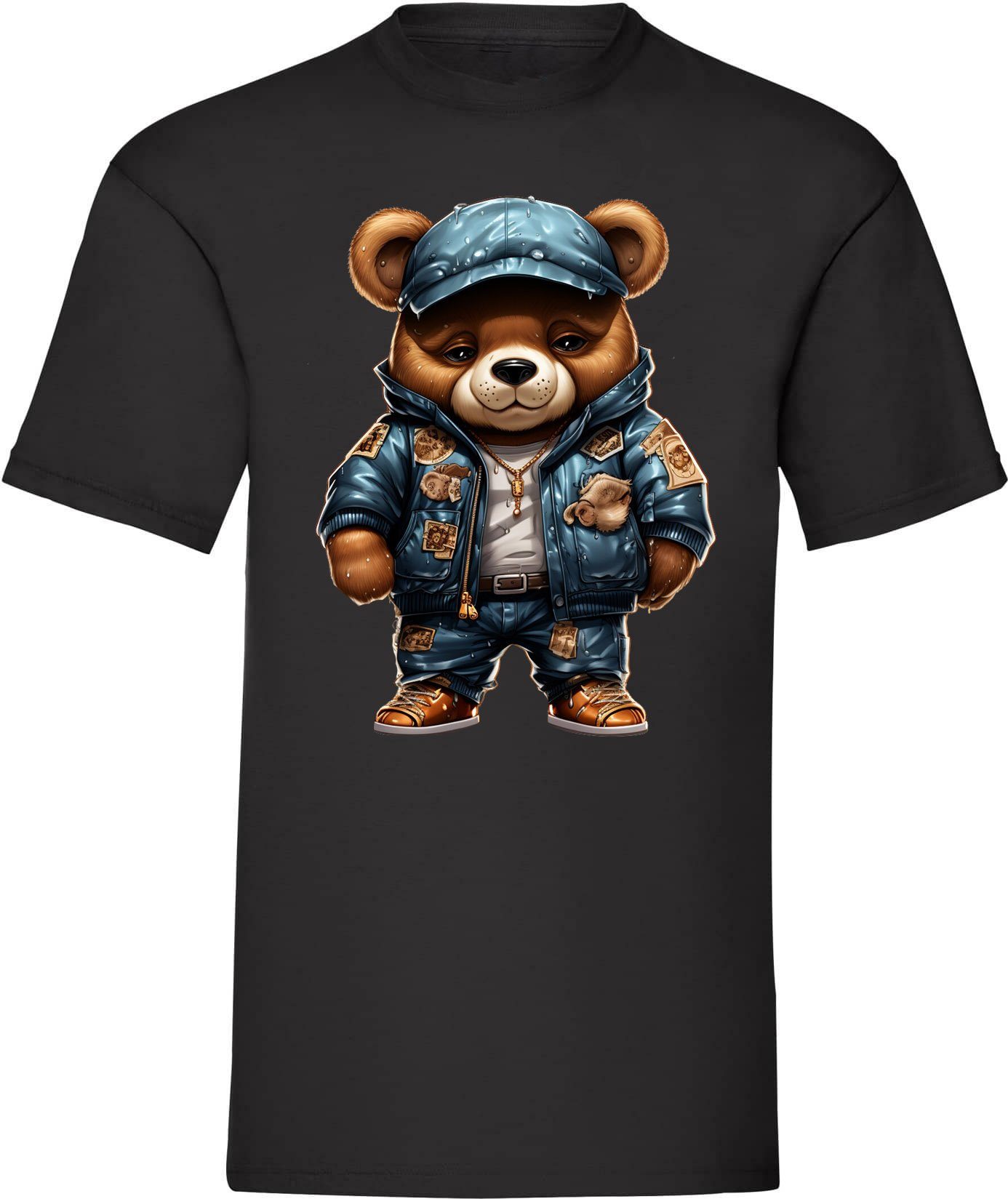 T-Shirt Herren T-Shirt Gangster Bär mit blauer Jacke und Kappe 100% Baumwolle