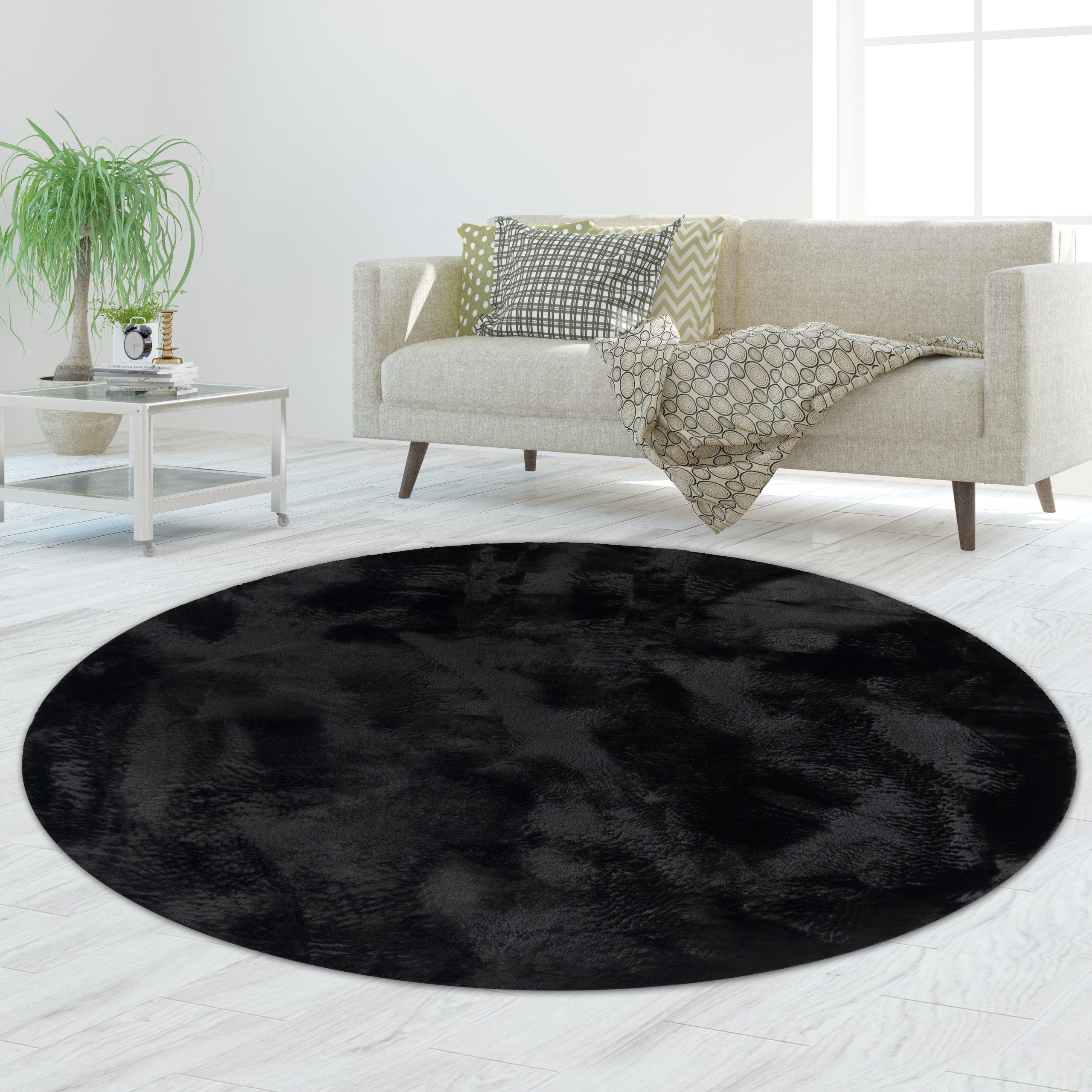 TeppichHome24 Teppich Teppich schwarz weich pflegeleicht saugrobotergeeignet, rund