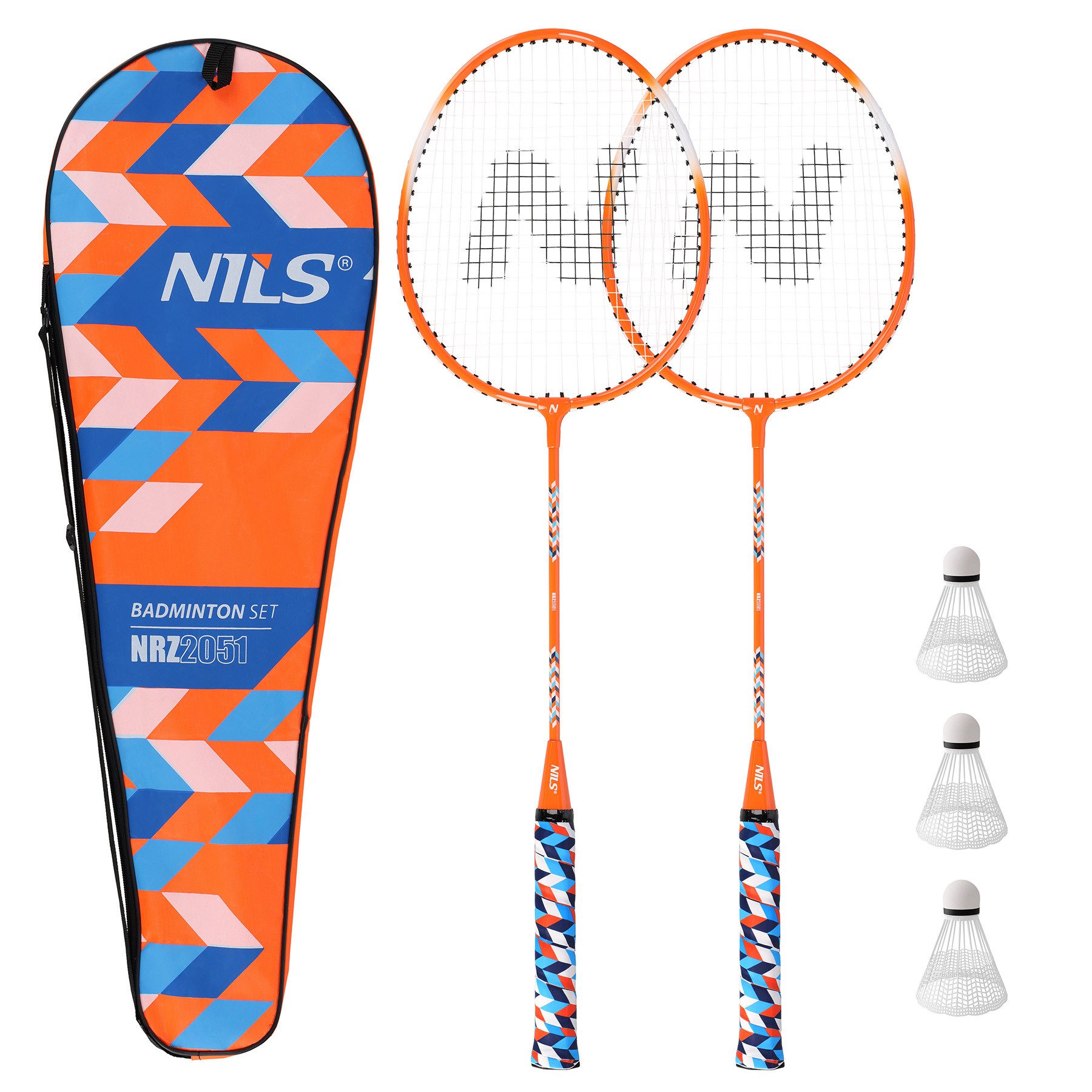 Badmintonschläger Badmintonset 2 Schläger orange + 3 x Federbälle und Hülle