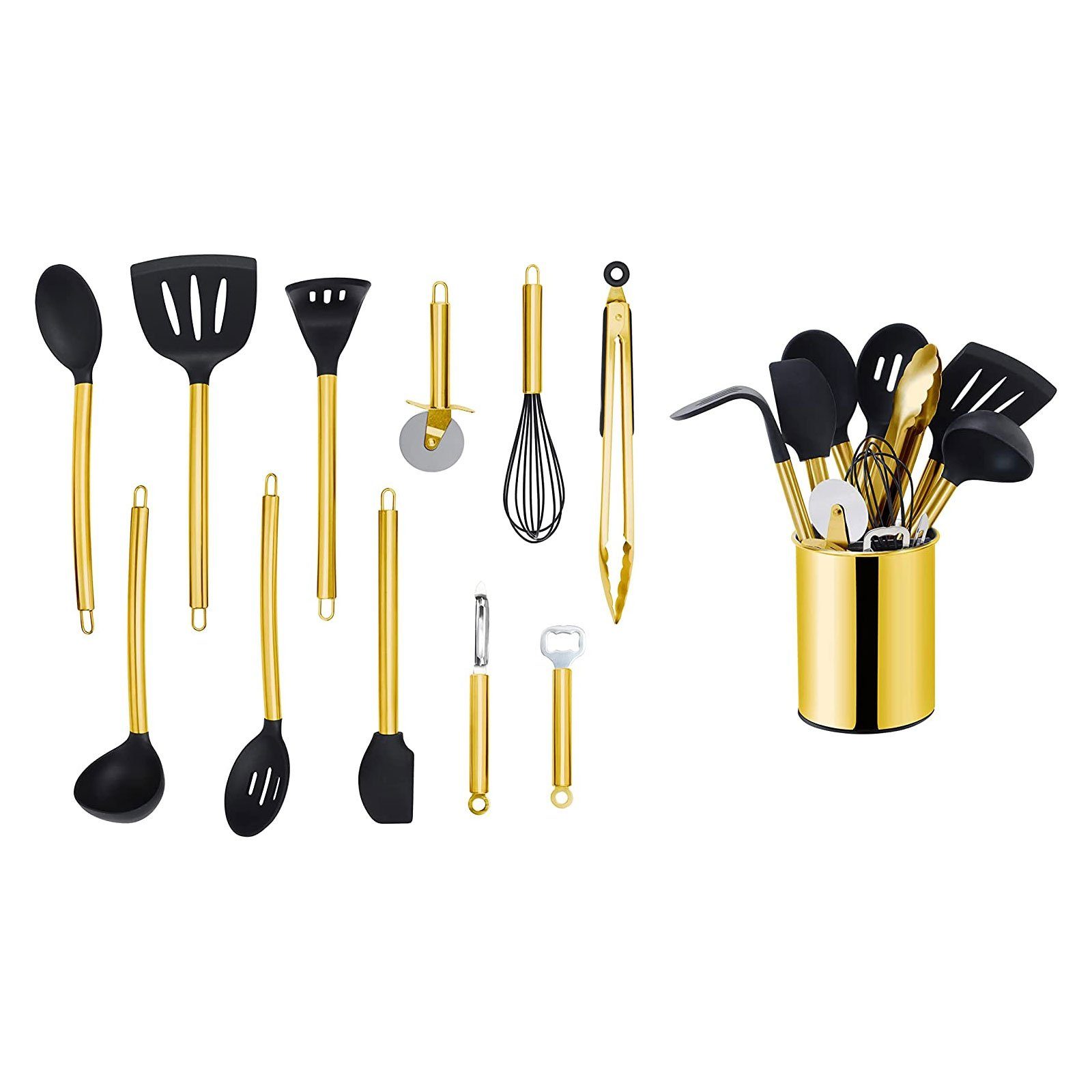 ECHTWERK Küchenorganizer-Set, Kochbesteck mit Edelstahlgriff, Kochset mit Utensilienhalter, Gold