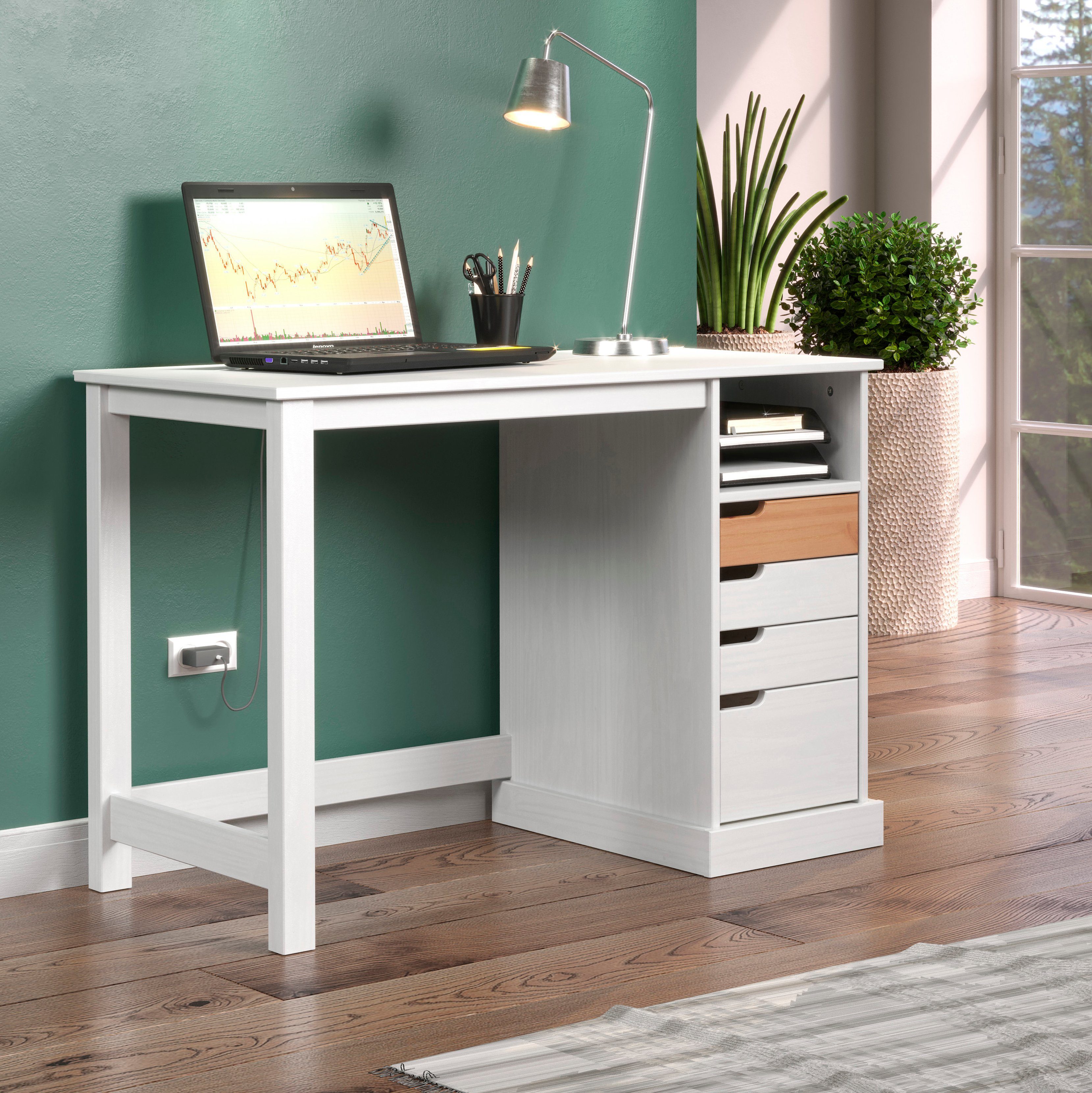 praktisch INTER-FURN Kiefernholz und Schreibtisch aus Weiß/Honigfarben Mestre, massivem