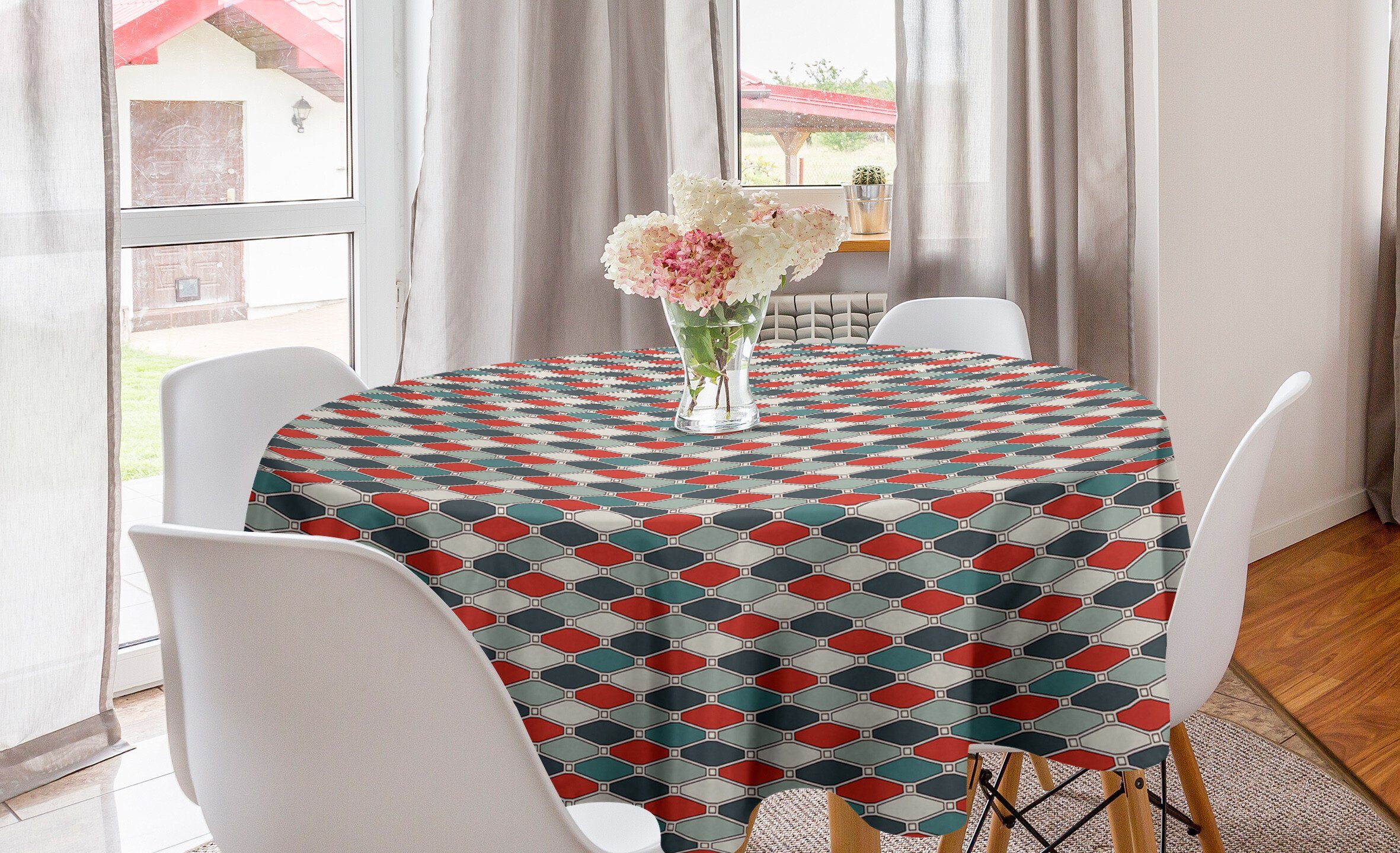 Abakuhaus Tischdecke Kreis Tischdecke Abdeckung für Esszimmer Küche Dekoration, Retro Geometrische Mosaik-Fliesen