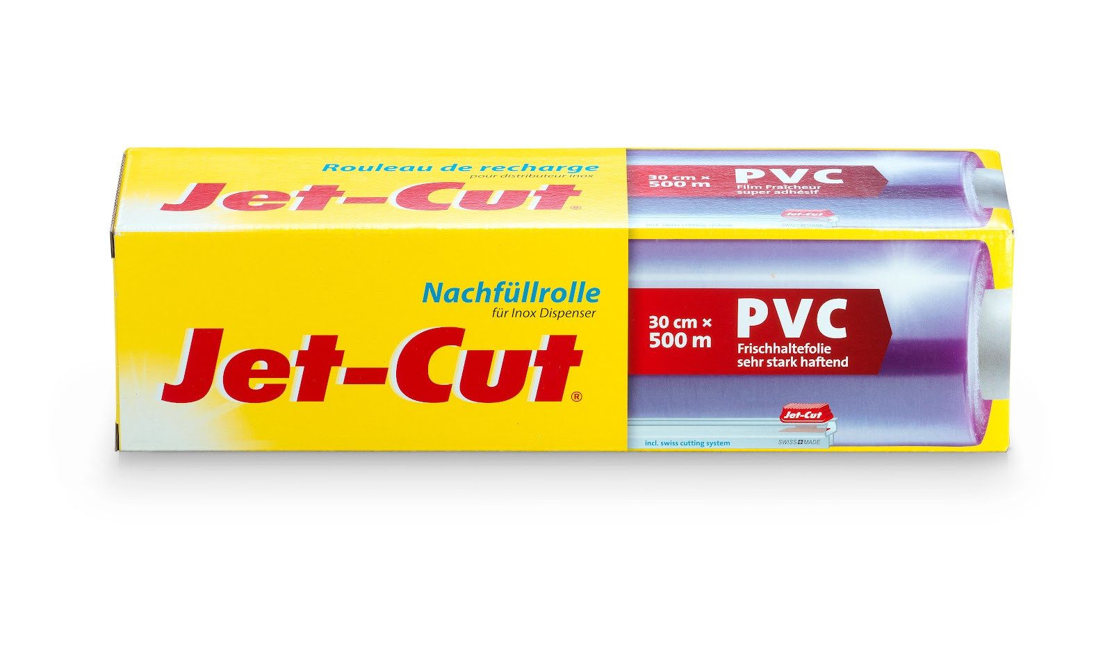 Jet-Cut Frischhaltefolie Nachfüllrolle für Inox Dispenser, 30 cm x 500 m, 8,5 µm, (500 m x 30 cm, 8,5 µm, inkl. Profi-Cutter