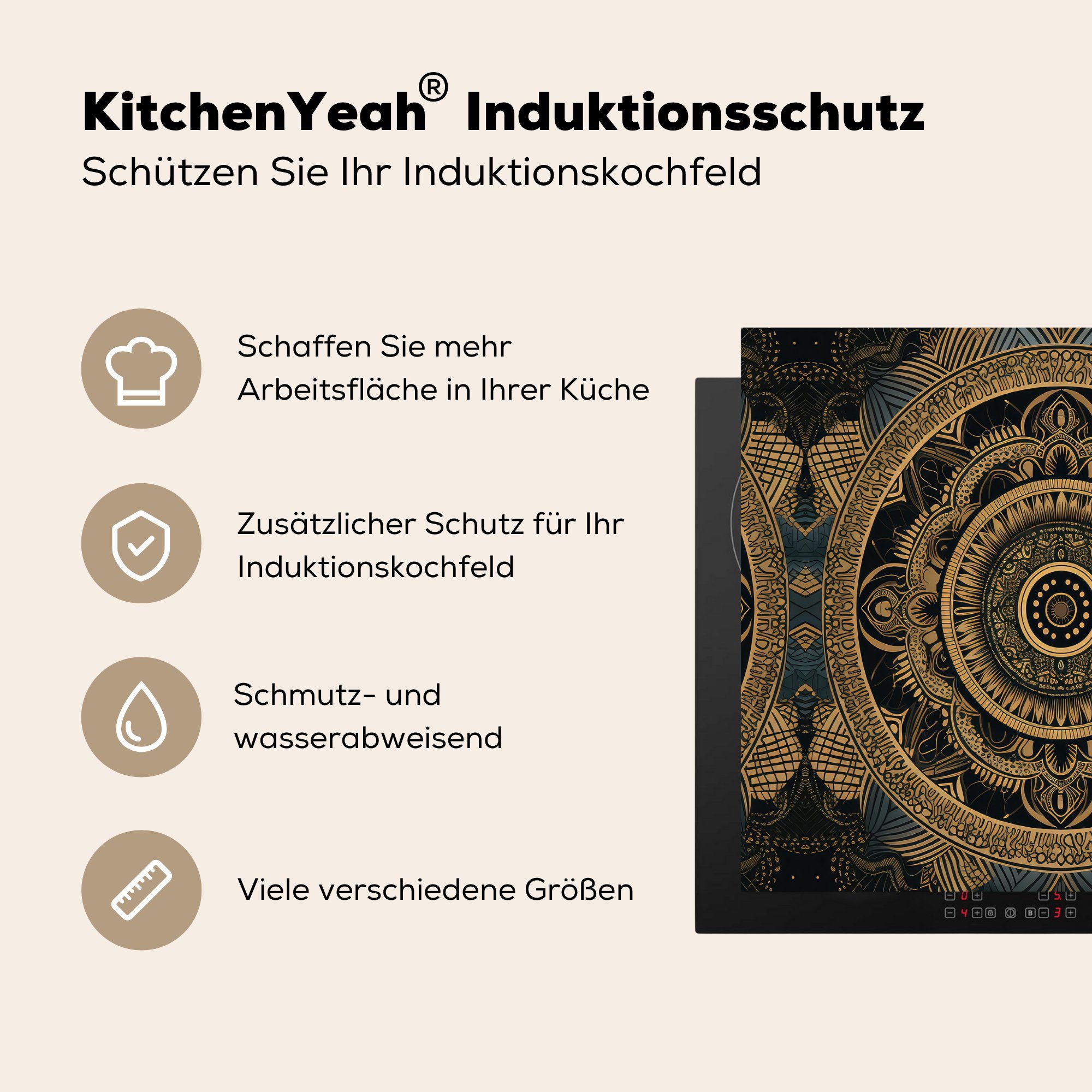 MuchoWow Herdblende-/Abdeckplatte Mandala - Gold - Arbeitsfläche Vinyl, tlg), Ceranfeldabdeckung Luxus, Mobile (1 - nutzbar, Bohème cm, 60x52