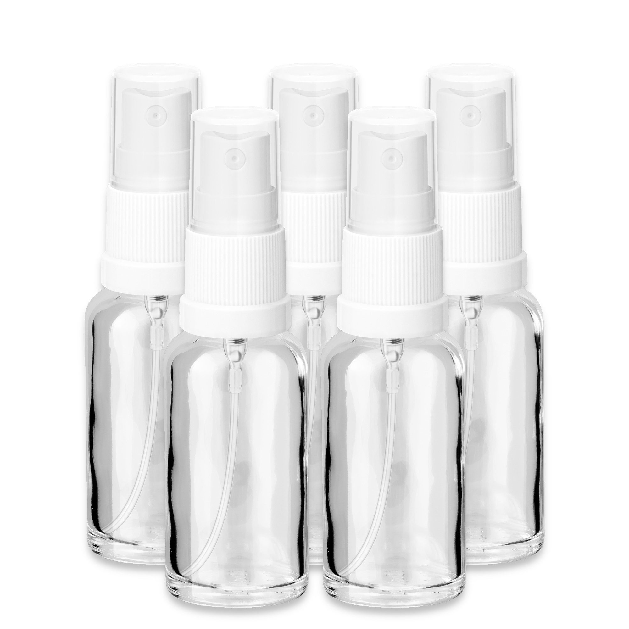 CK Verpackung GmbH Zerstäuberflasche 5x Glasflasche klar 30 ml mit weißem Zerstäuber Sprükopf Pumpspray Set