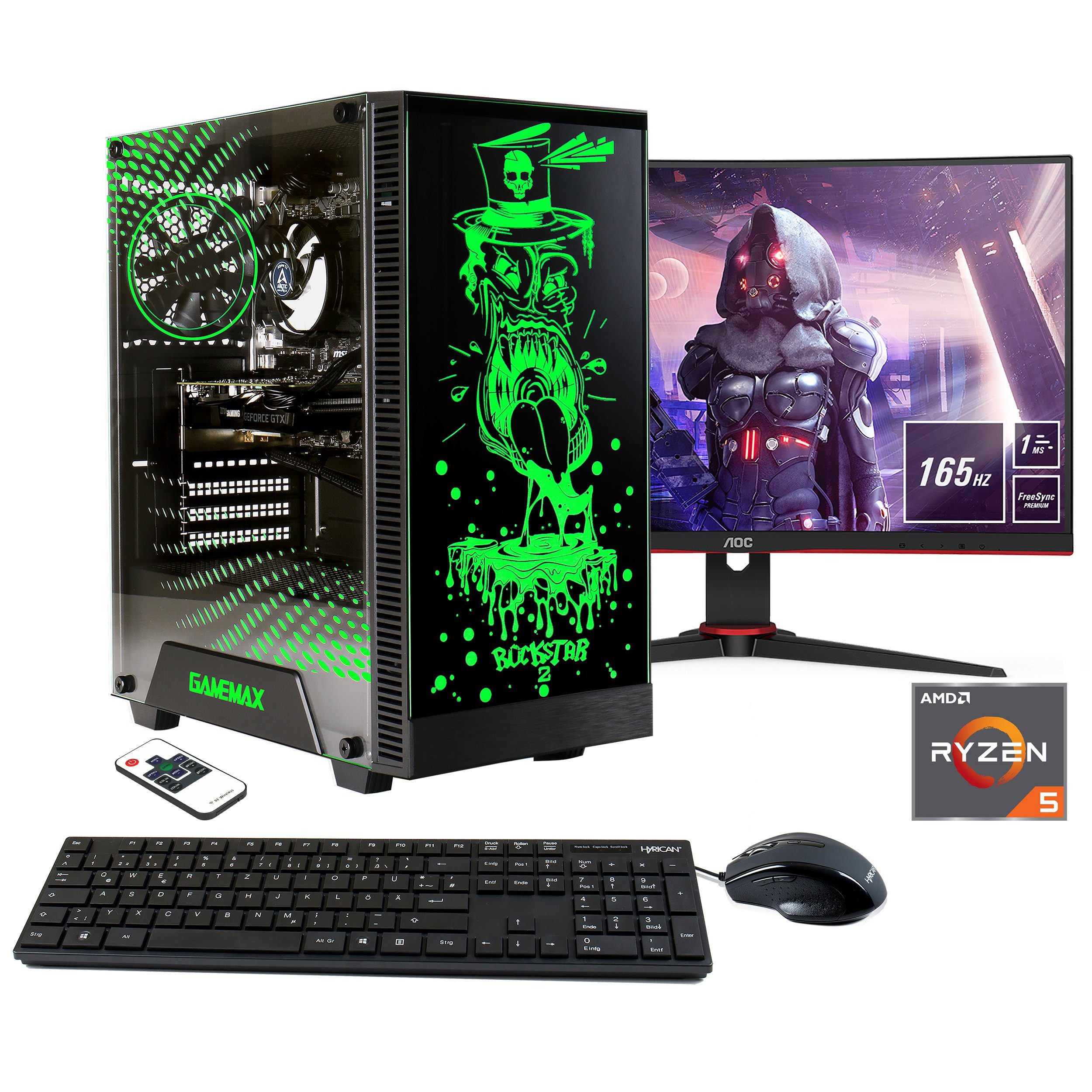 Hyrican Rockstar SET02189 Gaming-PC-Komplettsystem (23,6", AMD Ryzen 5 5600X, GeForce RTX 3060, 16 GB RAM, 960 GB SSD, Windows 11, inklusive 24" Monitor AOC C24G2AE/BK)