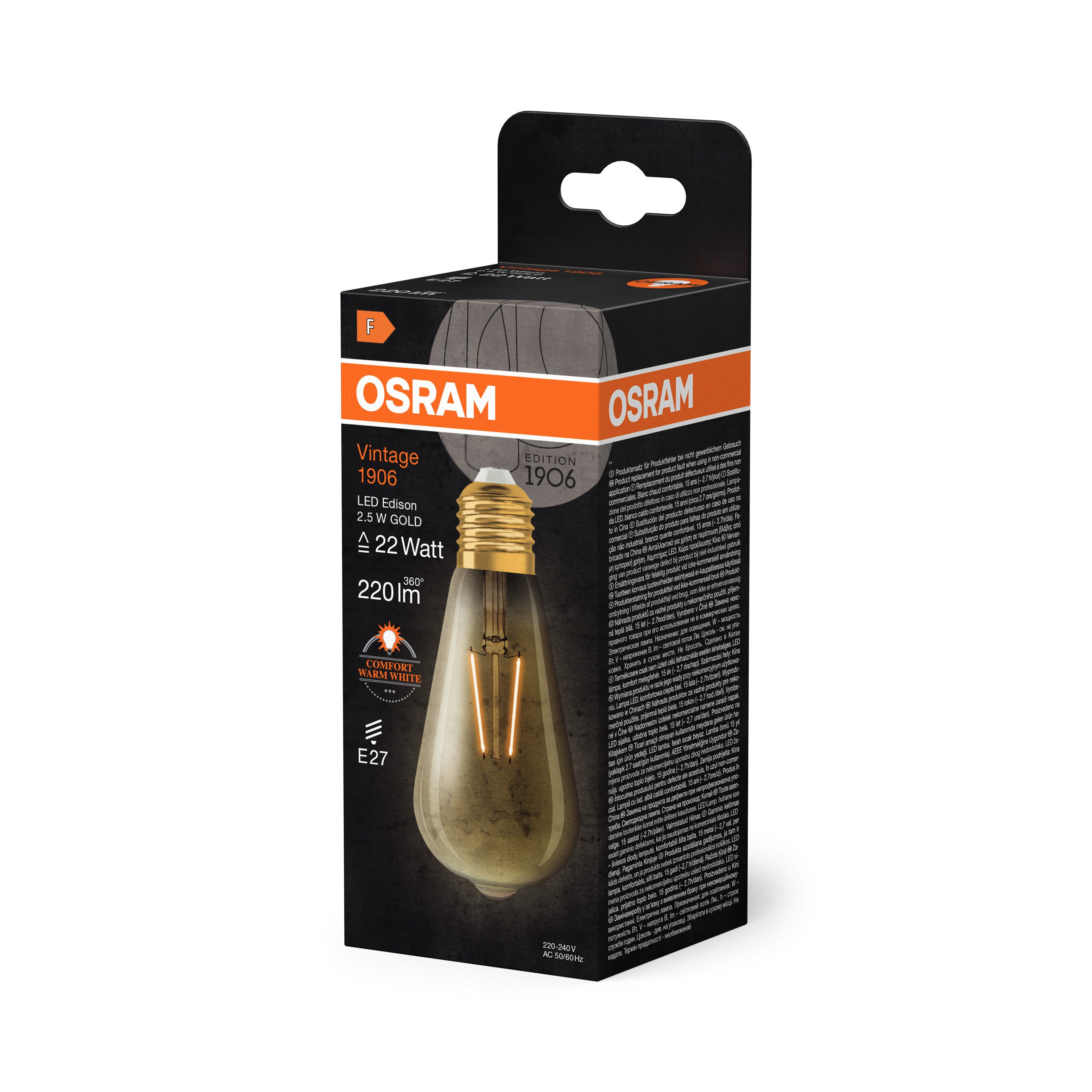 Ledvance LED-Leuchtmittel Vintage 1906 Edison 22 Filament 2.5W 824 Gold E27, E27, 1 St., Warm Comfort Light, Einfacher Austausch von Standardglühlampen