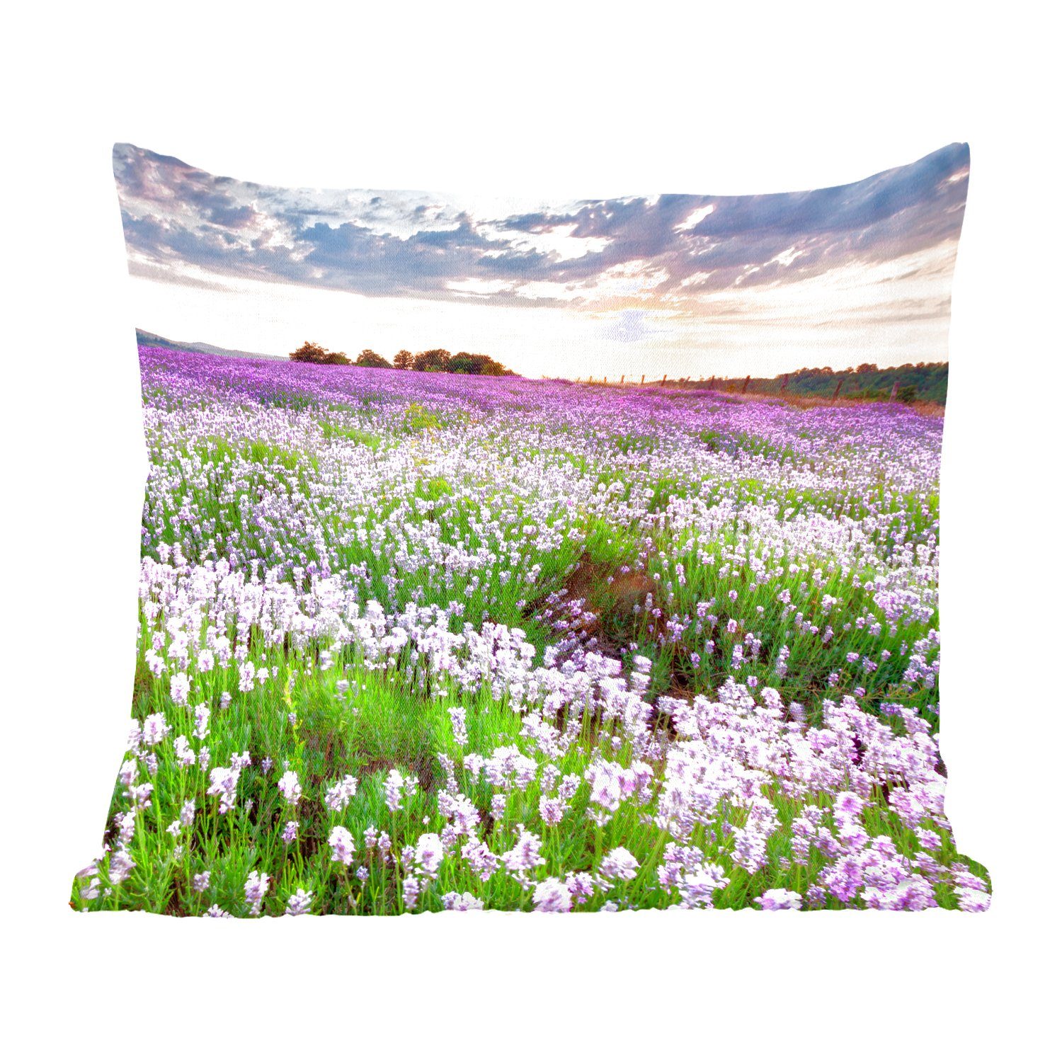 MuchoWow Dekokissen Lavendel - Blumen - Sonnenuntergang - Lila - Wiese, Zierkissen mit Füllung für Wohzimmer, Schlafzimmer, Deko, Sofakissen