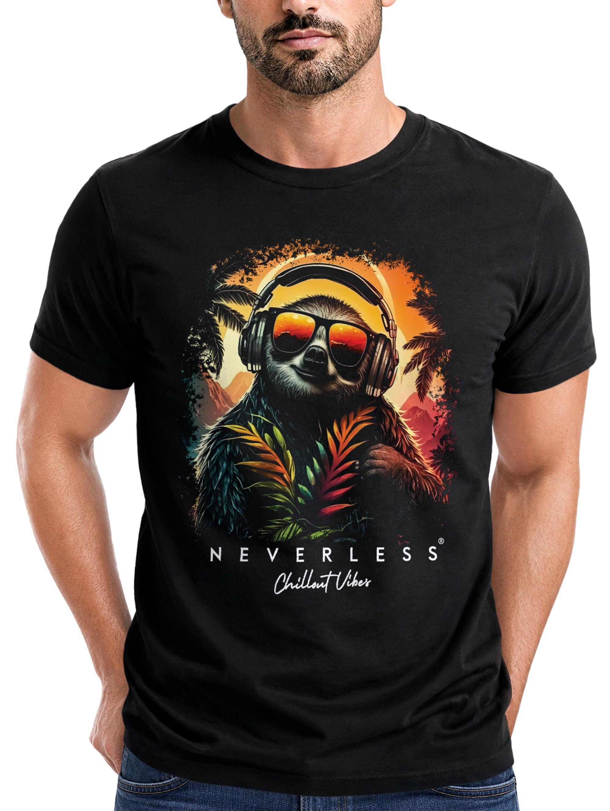 Neverless Print-Shirt Herren T-Shirt Musik DJ Chill Faultier Print Aufdruck Relax Sommer mit Print