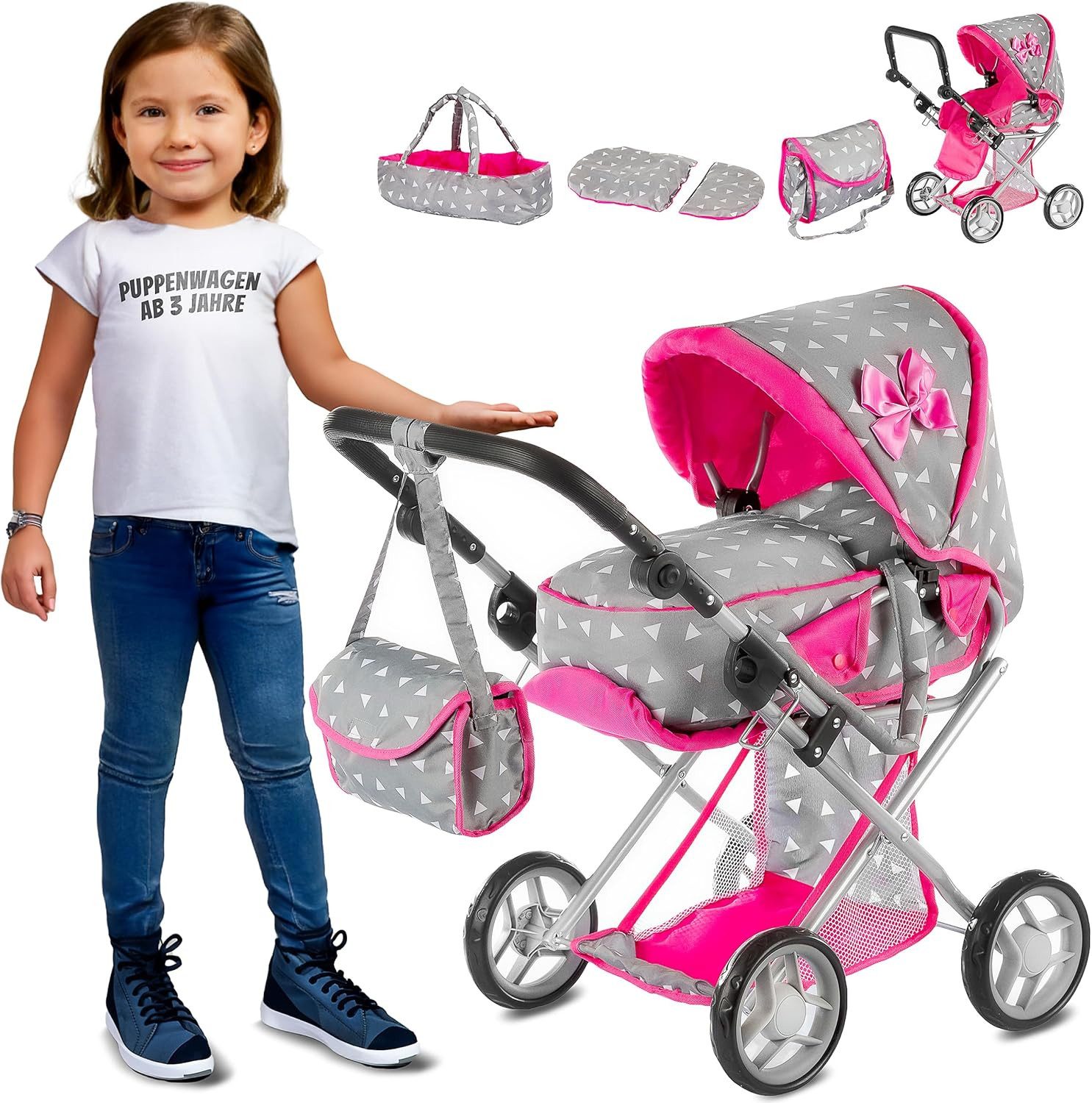 kinderplay Puppenwagen Puppenwagen 3in1 mit Tasche – höhenverstellbar – ab 3 Jahren