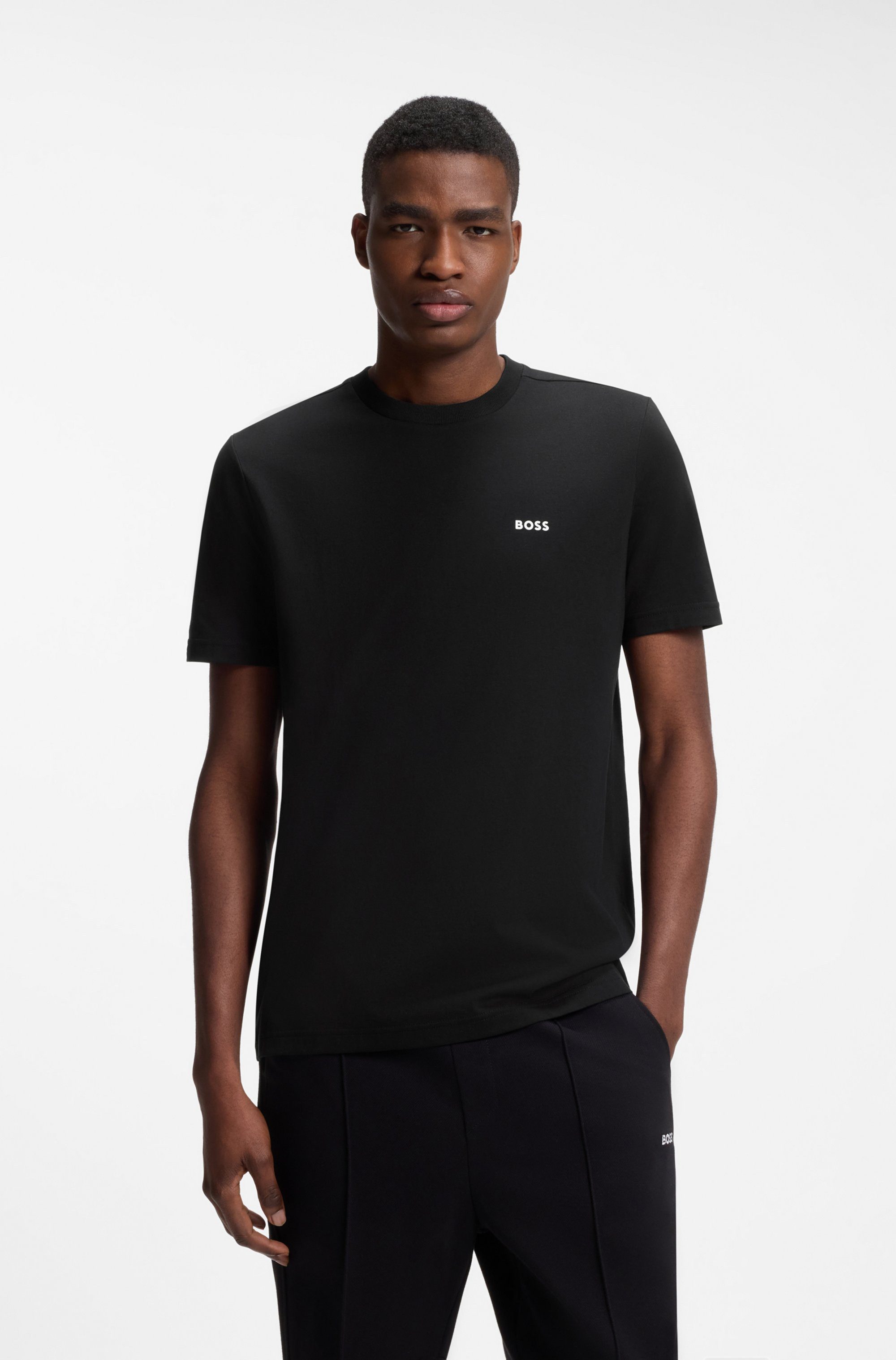 BOSS GREEN Rundhalsshirt Tee Regular Fit Stretch Jersey Cotton, Logo on Chest, Rundhals