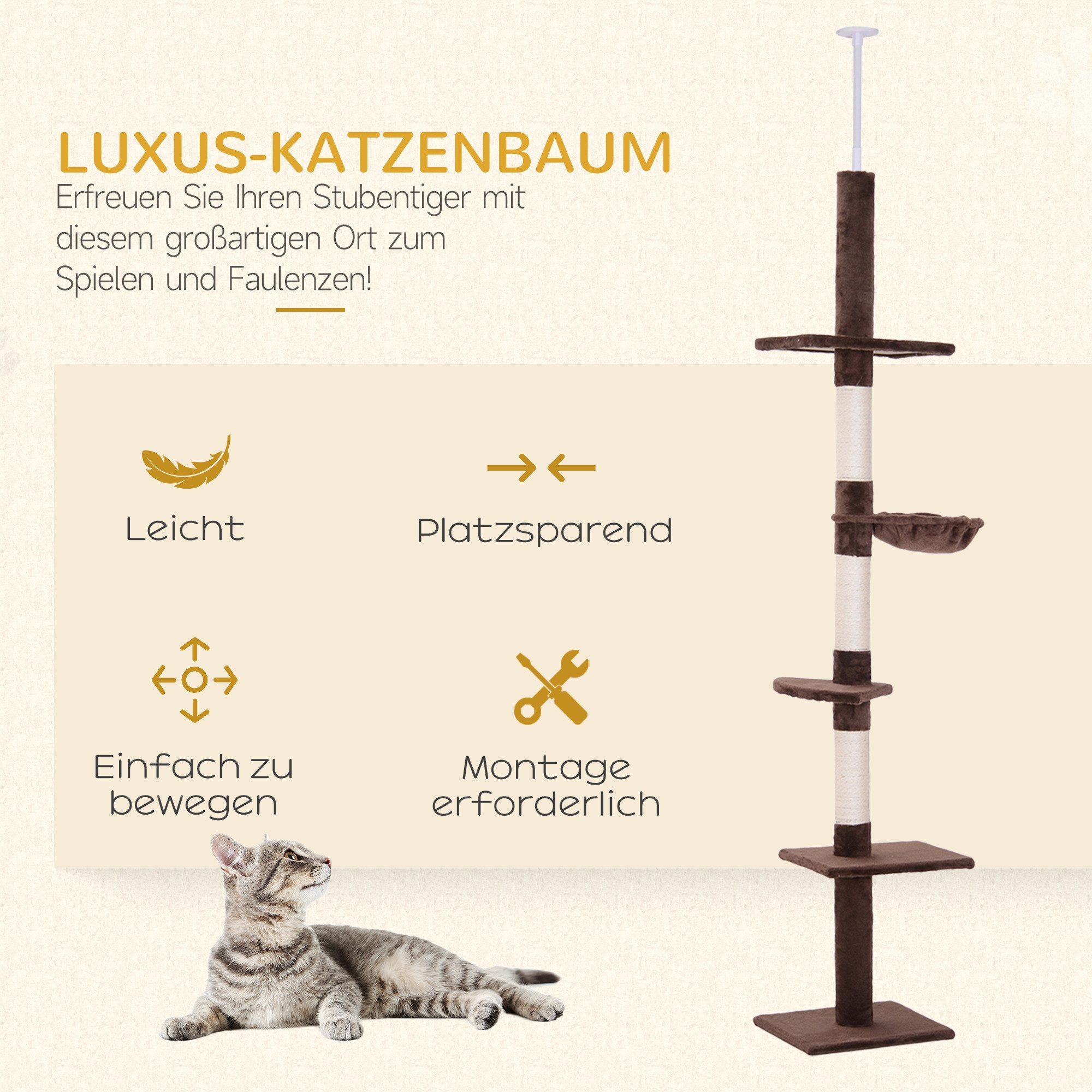 PawHut Kratzbaum Katzenbaum mit Sisalstämmen, Kletterbaum für kleine&große Katzen, für Garten, Balkon, Braun – Bild 4 von 5