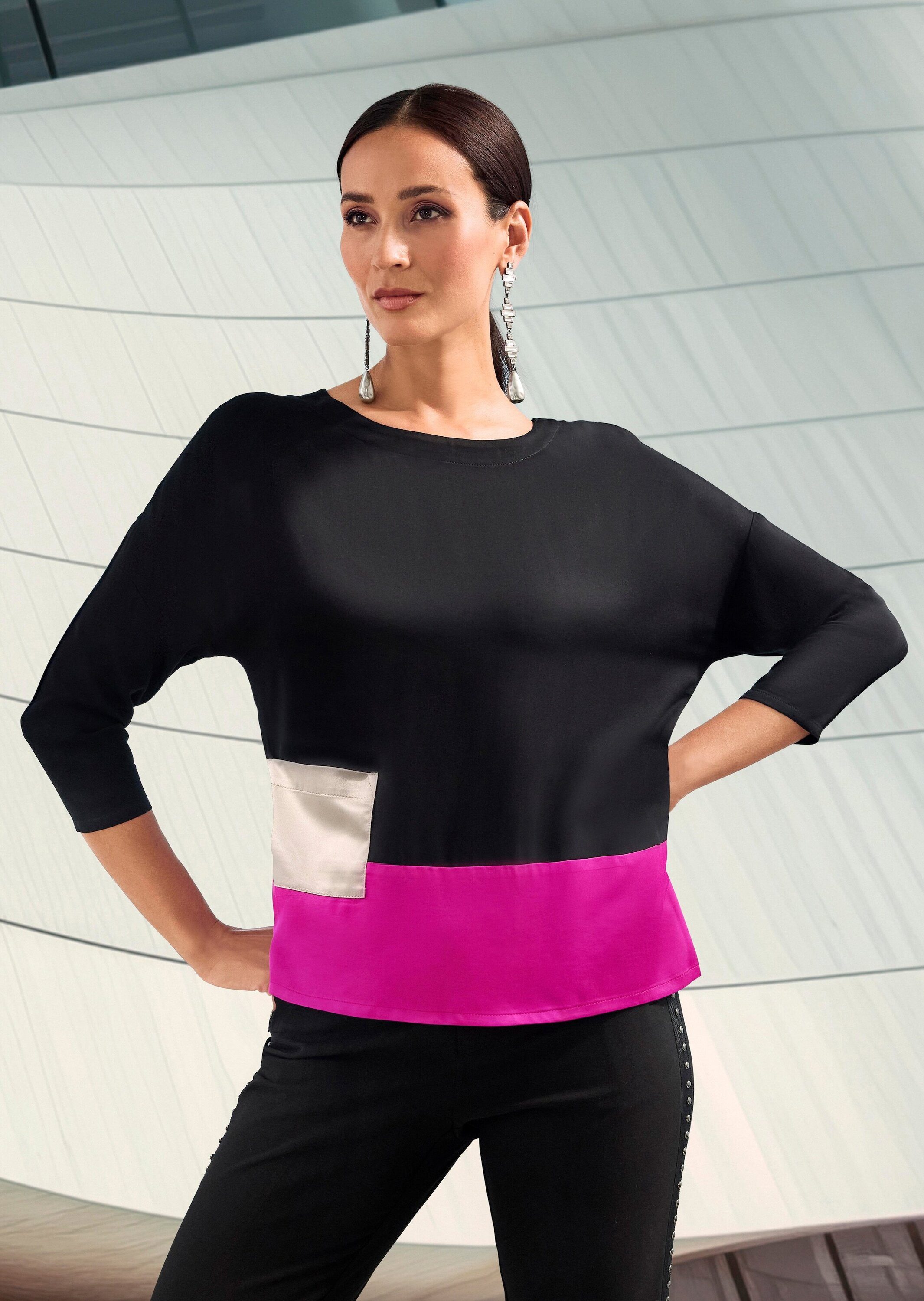 MADELEINE Langarmbluse Moderne Bluse mit Farbspiel Raffinierte Kontraste, Rundhals, 3/4-Ärmel