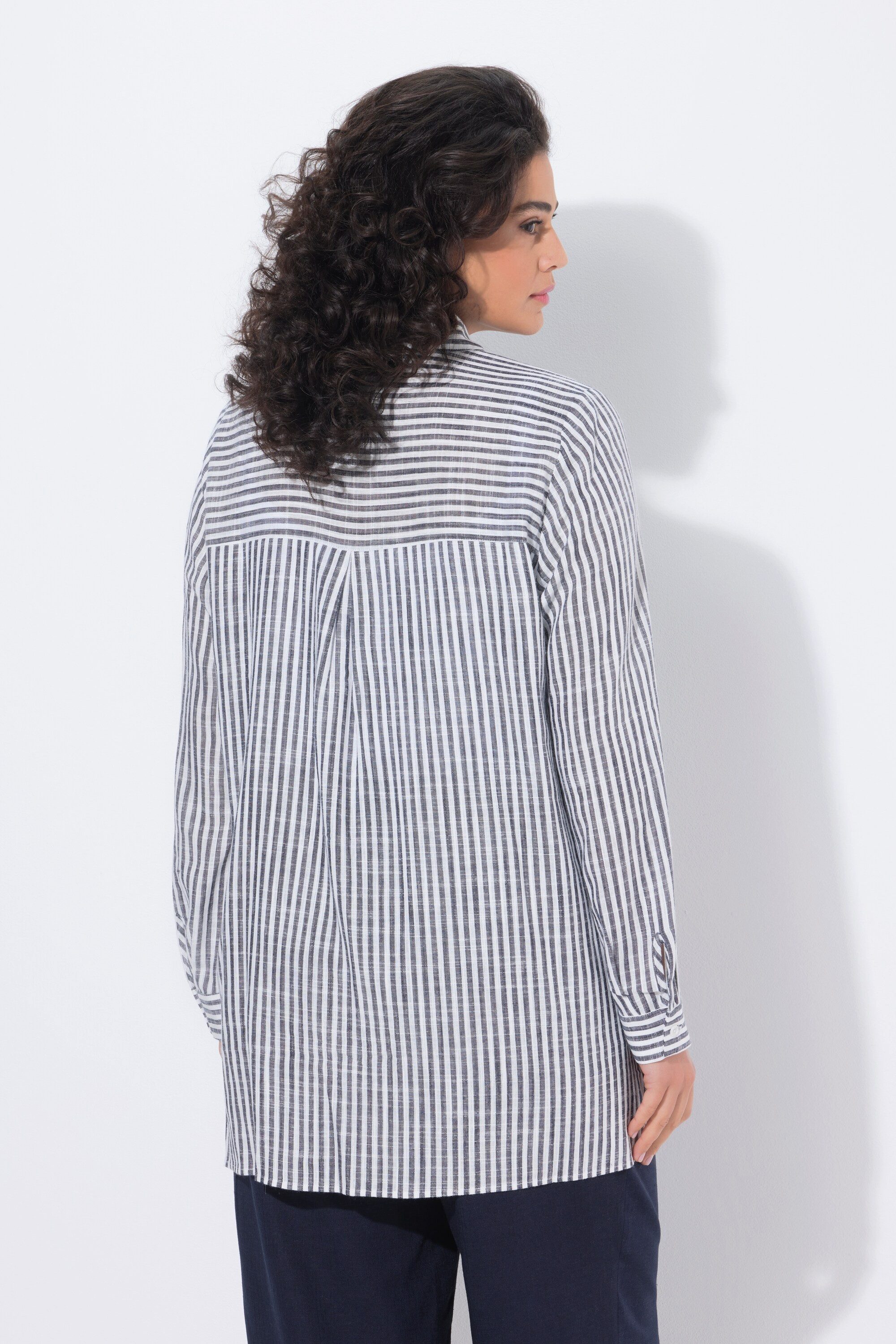 Ulla Popken Satinbluse Bluse Leinenmix Patchmuster Hemdkragen Langarm