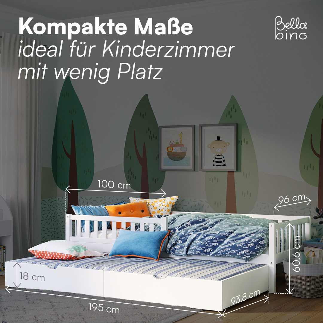 Bellabino Kinderbett Vils 90x200 cm mit Rausfallschutz, Lattenrost, Kiefer Massivholz (weiß, inkl. Gästebett 90x190 cm, mit 2 Matratzen) – Bild 2 von 5