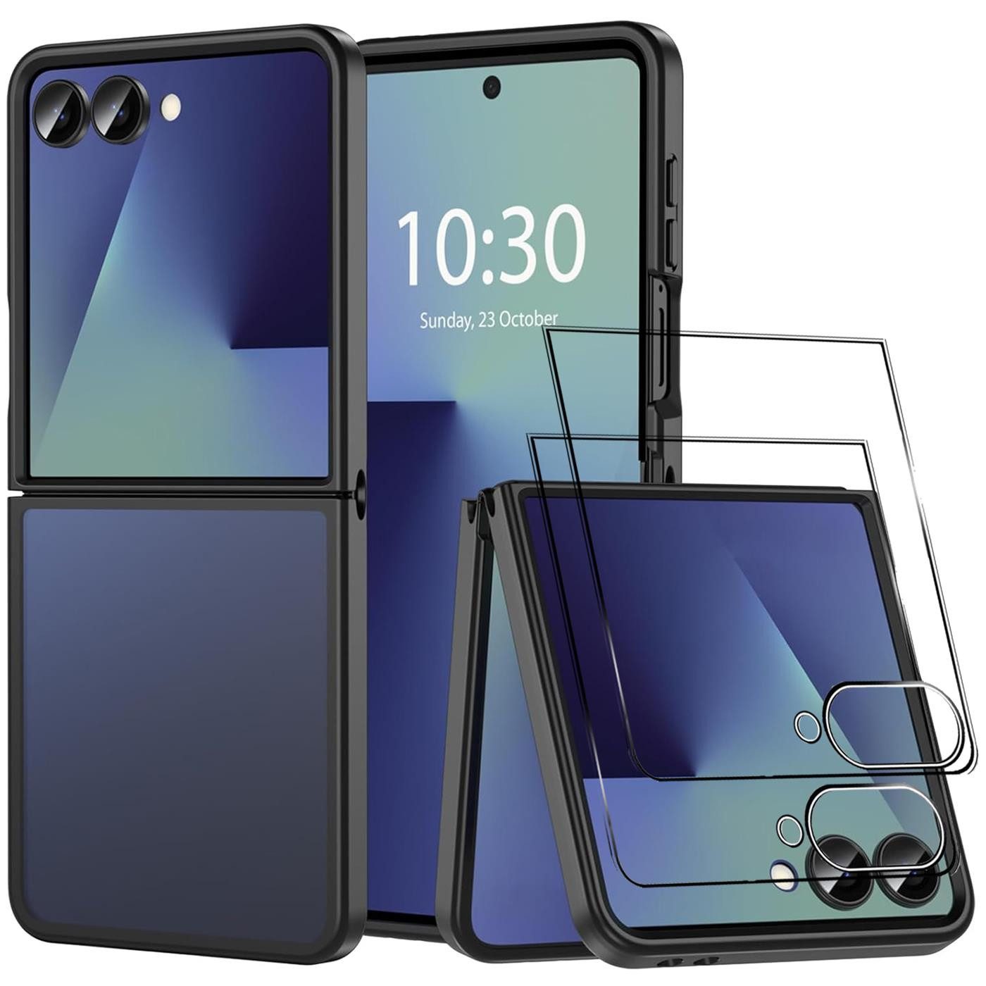 CoolGadget Handyhülle Schwarz als 2in1 Schutz Cover Set für das Samsung Galaxy Z Flip 7 6,9 Zoll / 4,1 Zoll, 2x Glas Display Schutz Folie + 1x Hard Case Hülle für Galaxy Z Flip 7
