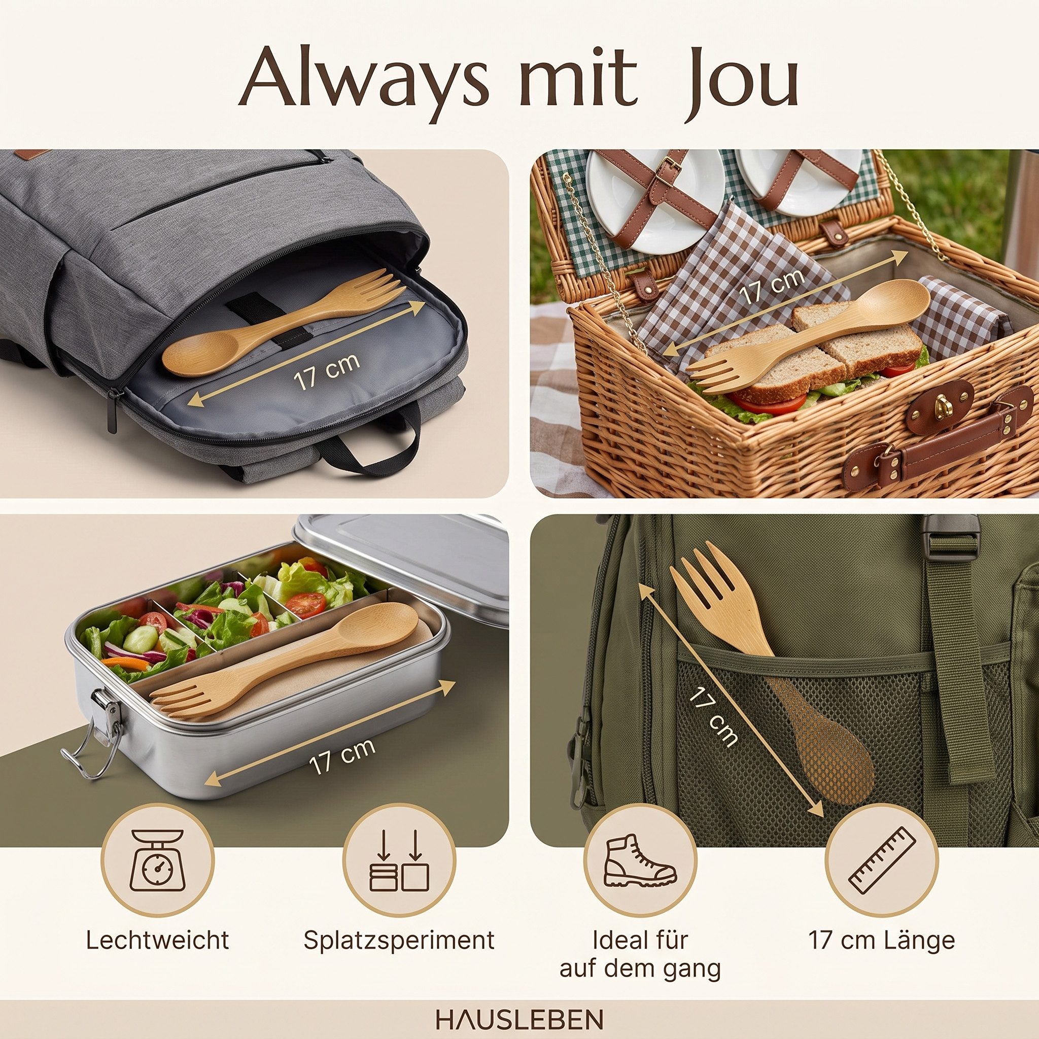 hausleben Campinglöffel - Gabel Multibesteck (4 Stück), Bambusbesteck, Wiederverwendbar & Leicht, 17 x 3,5 cm