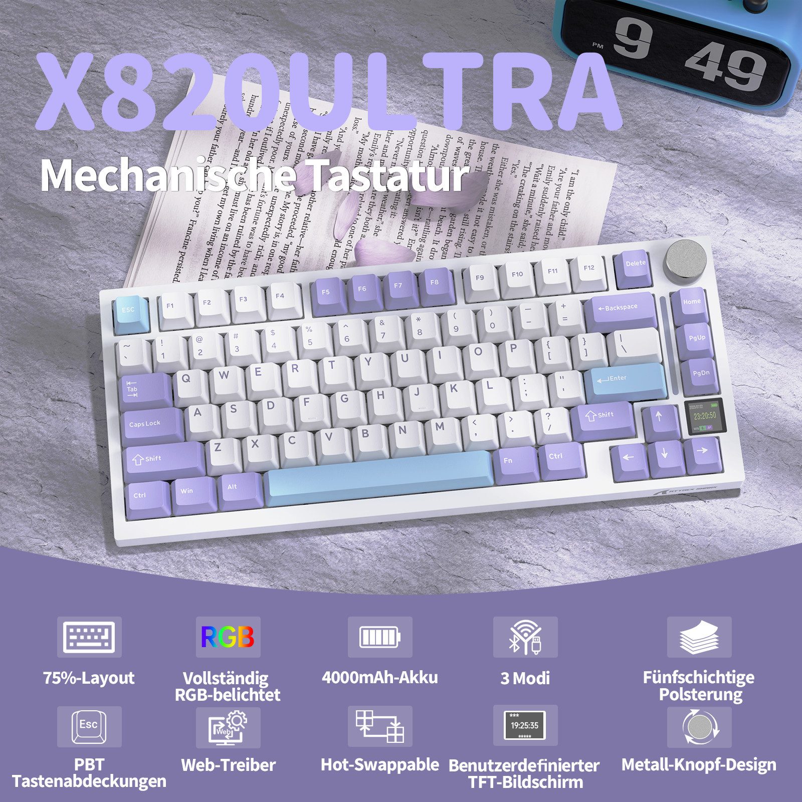 ATTACK SHARK X820 Ultra Mechanische Tastatur mit,75% ANSI-Layout, 2,4 GHz/BT/Wired Gaming-Tastatur (Gasket,TFT-Bildschirm und Knopf,5 Sound-Absorbing Foams,Hot-Swap)