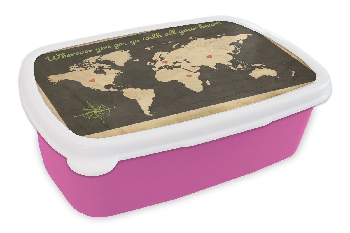 MuchoWow Lunchbox Weltkarte - Zitat - Kompassrose, Kunststoff, (2-tlg), Brotbox für Erwachsene, Brotdose Kinder, Snackbox, Mädchen, Kunststoff rosa