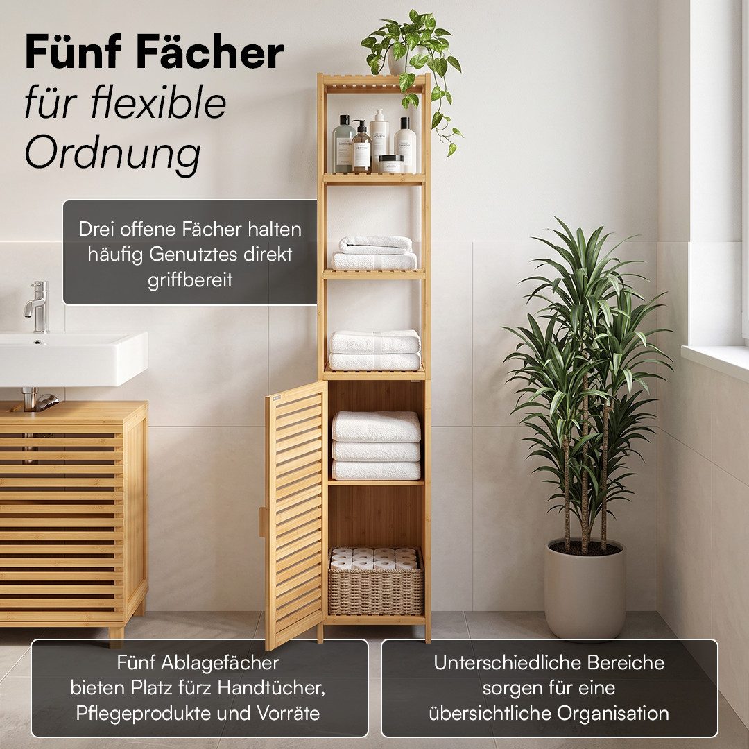 Bellamio Hochschrank Newa aus Bambus, Badezimmerschrank mit Ablage, lackiert (5 Fächer) Badezimmerschrank 165×33×33cm, verfügbar in verschiedenen Ausführungen – Bild 3 von 5