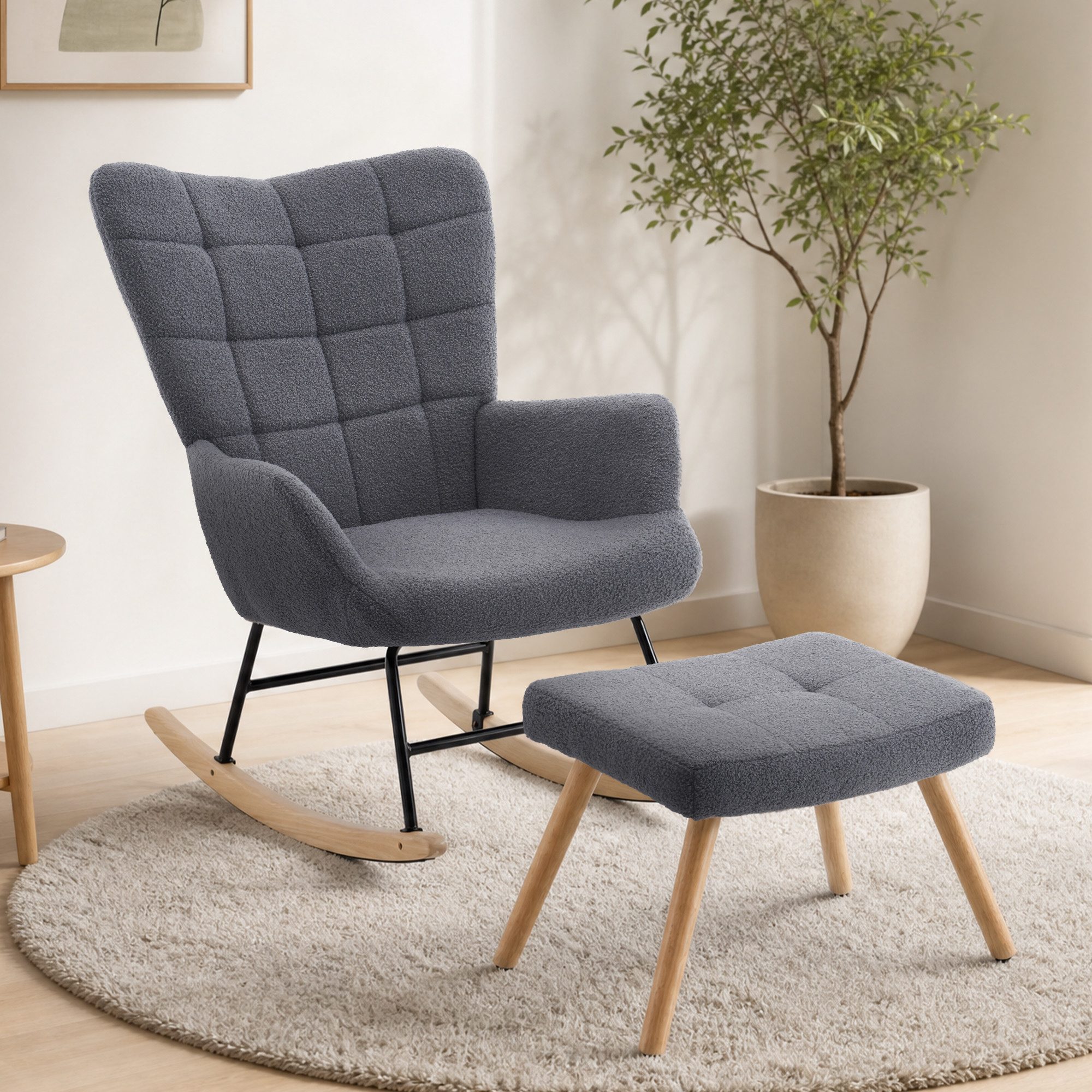 HAUSS SPOLE Schaukelstuhl mit Fußhocker, gepolsterter Relaxsessel mit Holzschaukelfüßen,Grau (Relaxsessel-Set mit Wippfunktion und Beistellhocker), Lounge-Sessel mit separatem Fußhocker und Holzschaukelfüßen